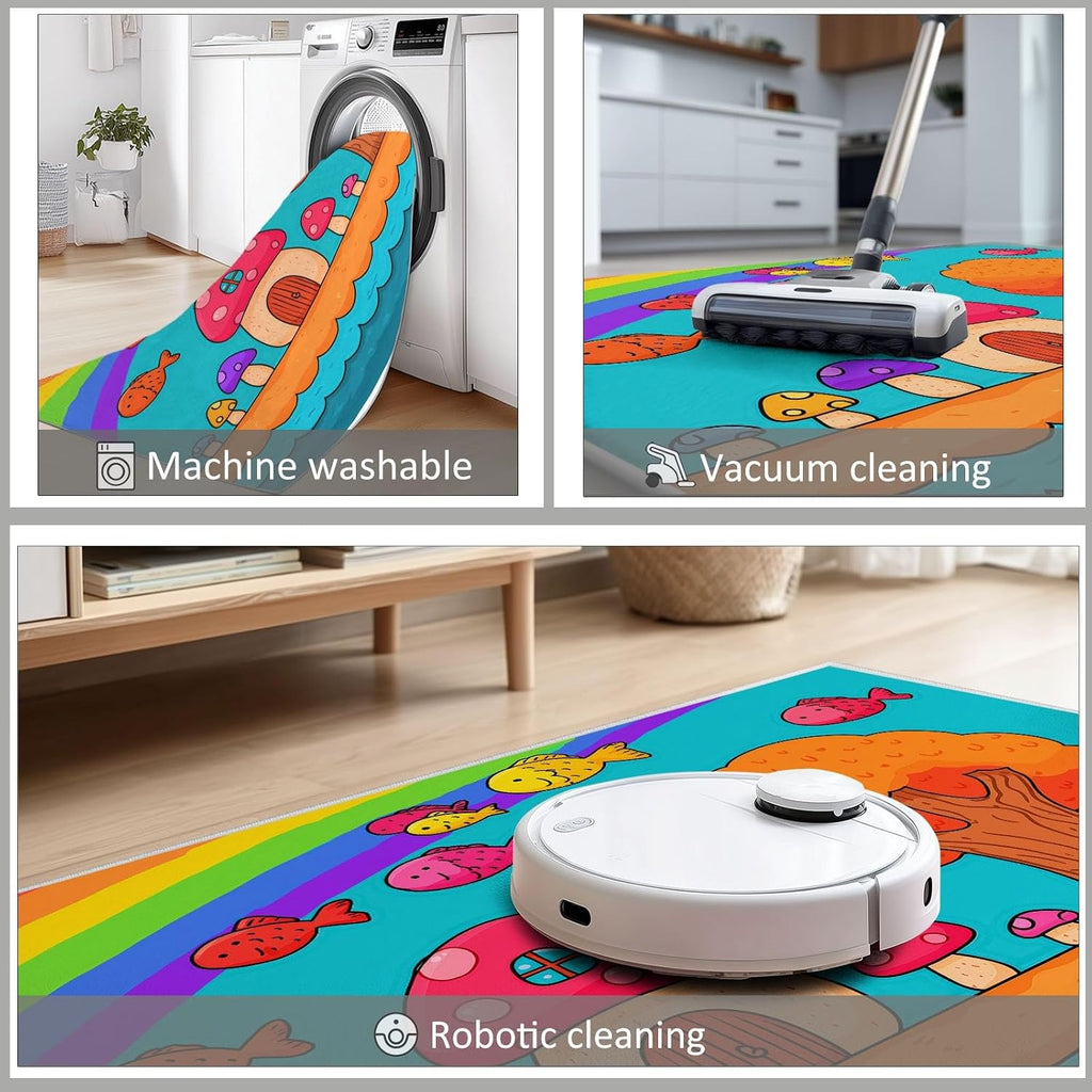 Cartoon Area Rug 5 x 7 ft for Living Room Bedroom, Ocean Animals Fish Rainbow Indoor Washable Kitchen Carpet Non-Slip Low-Pile Carpet Lightweight Rug for Dining Room Bathroom Door Mat