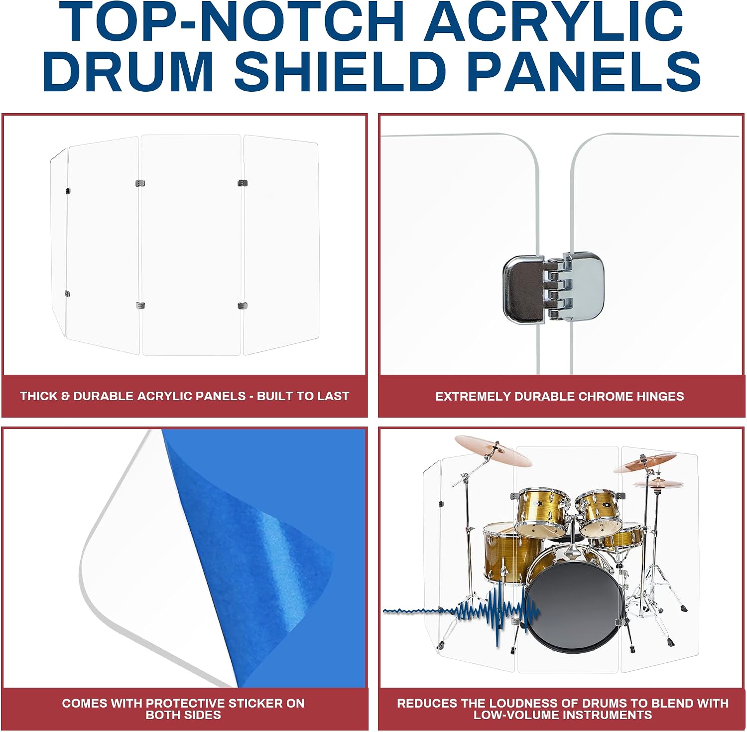 PENNZONI Drum Shield 4ft w/Chrome Hinges, Comes w/ 4 Drum Panels, & 6 Chrome Hinges, Premium Clear Acrylic Panels, Drum Screen
