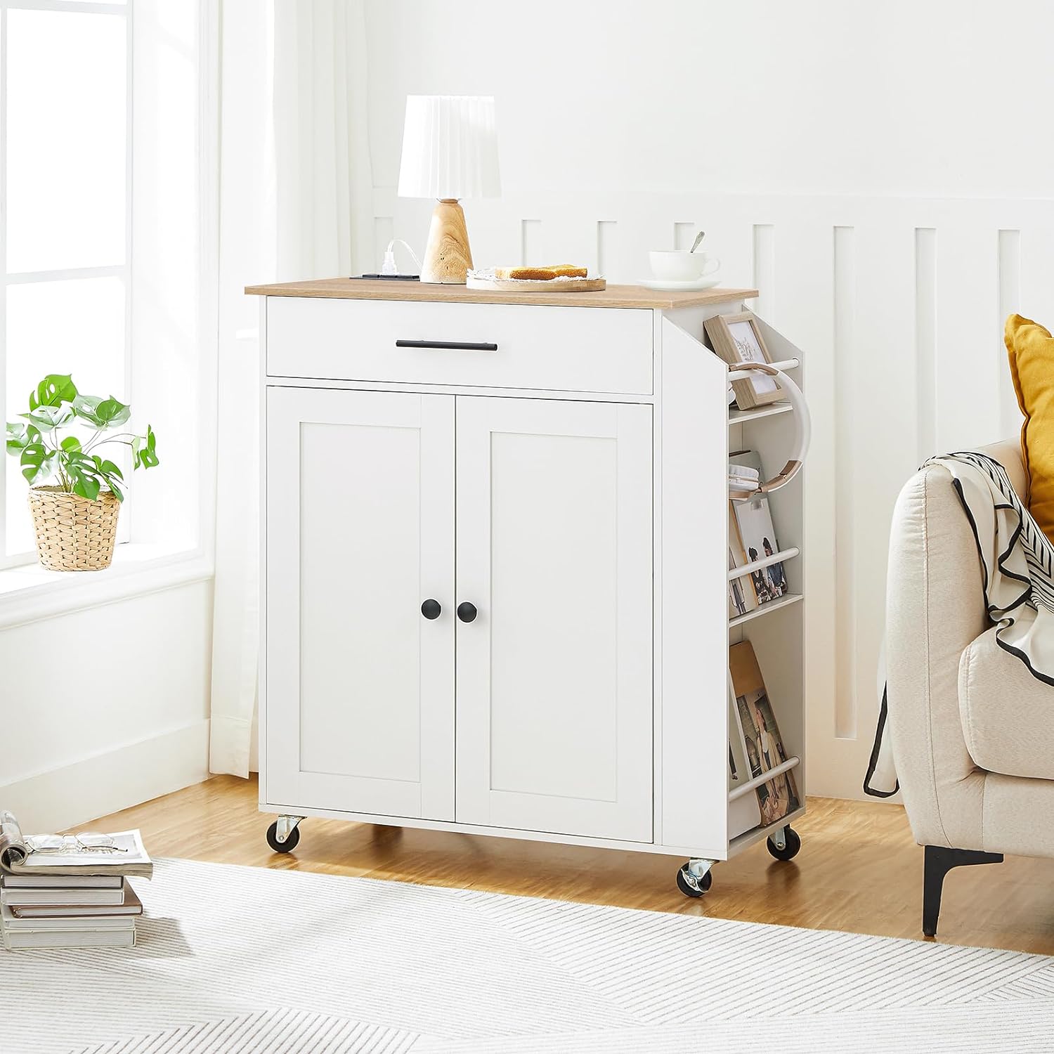 HOOBRO Kitchen Island and Kitchen Storage Island with Power Outlet, Rolling Kitchen Cart on Wheels, for Home, Kitchen and Dining Room, White and Natural WN82UZD01G1-WN88UZD01