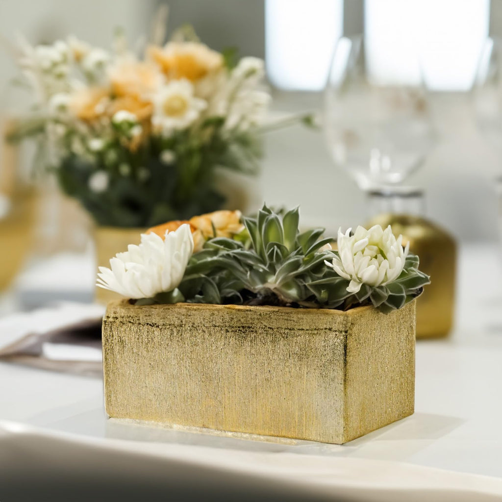 WGVI Long Rectangle Ceramic Planter Vase in Gold Etched 12' x 4' x 4'H, Block Rectangular Terrarium Box Pot, Flower Arrangement, Table top Centerpiece, Home Decor Storage Container, Bulk, 6 Pcs.
