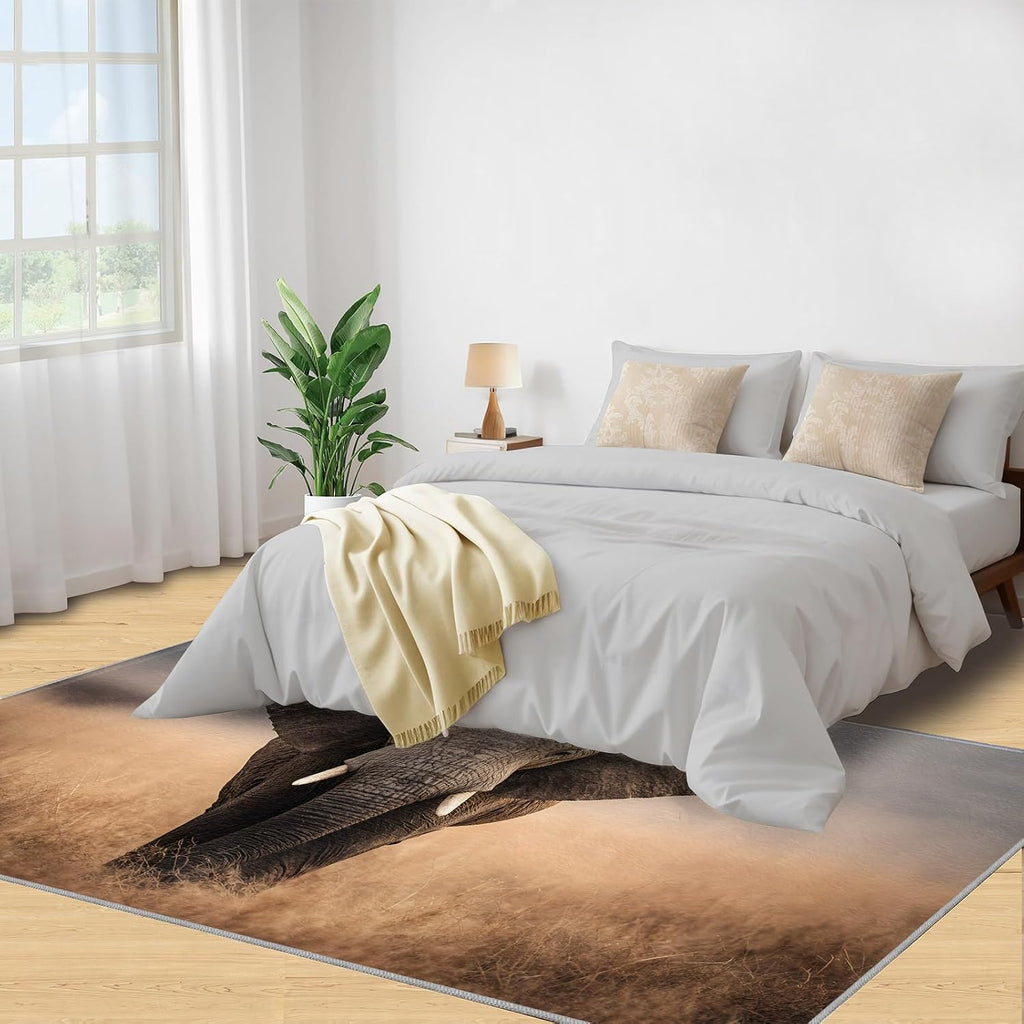 Elephant Rugs for Bedroom, African Elephant Rug 6x8, Savanna Animals Dining Room Rugs Washable & Non Slip Large Carpet for Home Decor
