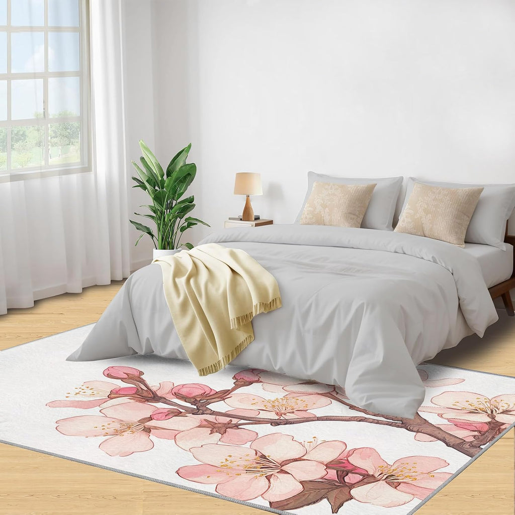 Cherry Blossoms Rug 6x8, Japanese Flowers Rugs for Bedroom, Pink Flowers Area Rug, Home Decor Rugs for Living Room, Non-Slip Machine Washable Carpet