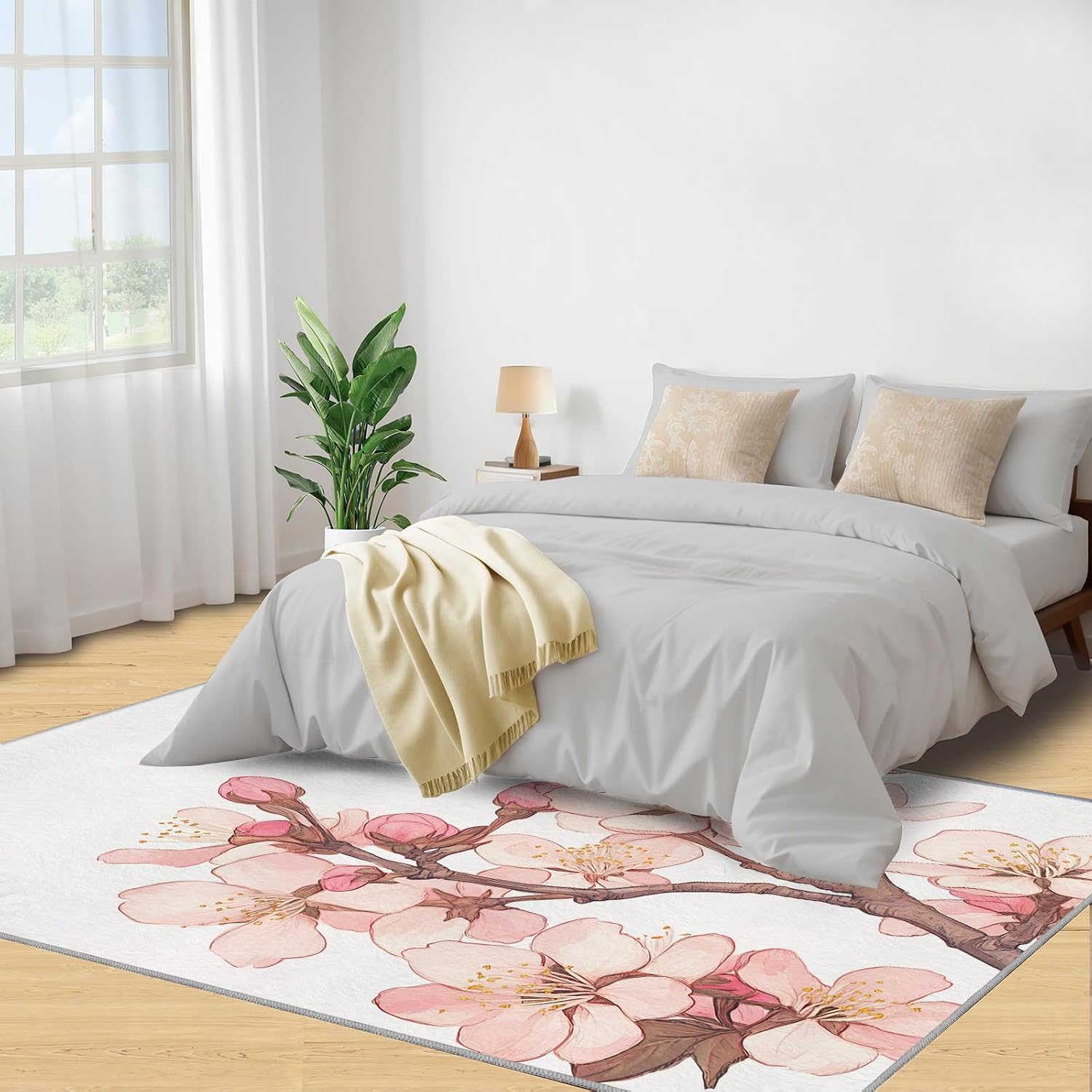 Cherry Blossoms Rug 6x8, Japanese Flowers Rugs for Bedroom, Pink Flowers Area Rug, Home Decor Rugs for Living Room, Non-Slip Machine Washable Carpet