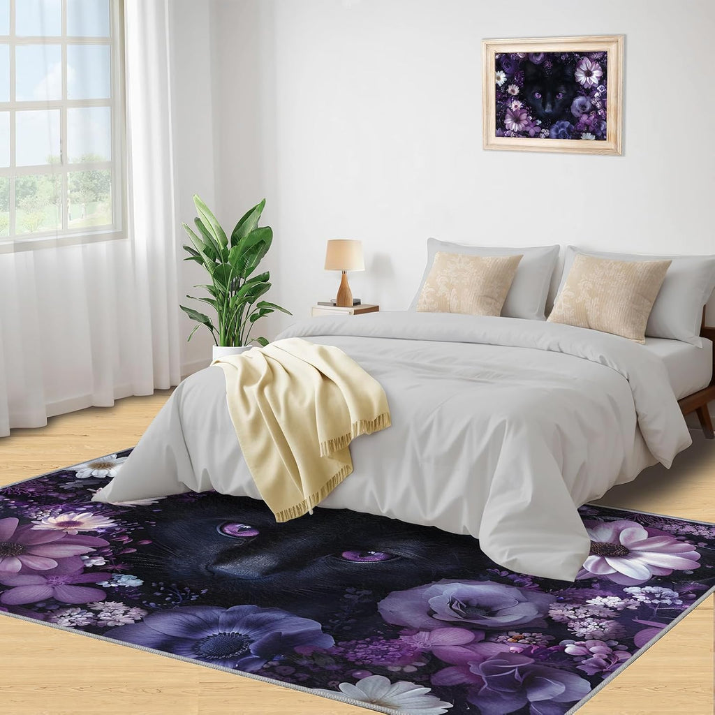 Black Cat Rug for Kids Room - 6x8 Large Rug, 3D Purple Eyes Cat Kitten Rugs for Bedroom Beautiful Flower Area Rugs for Living Room Home Decor Washable Rug