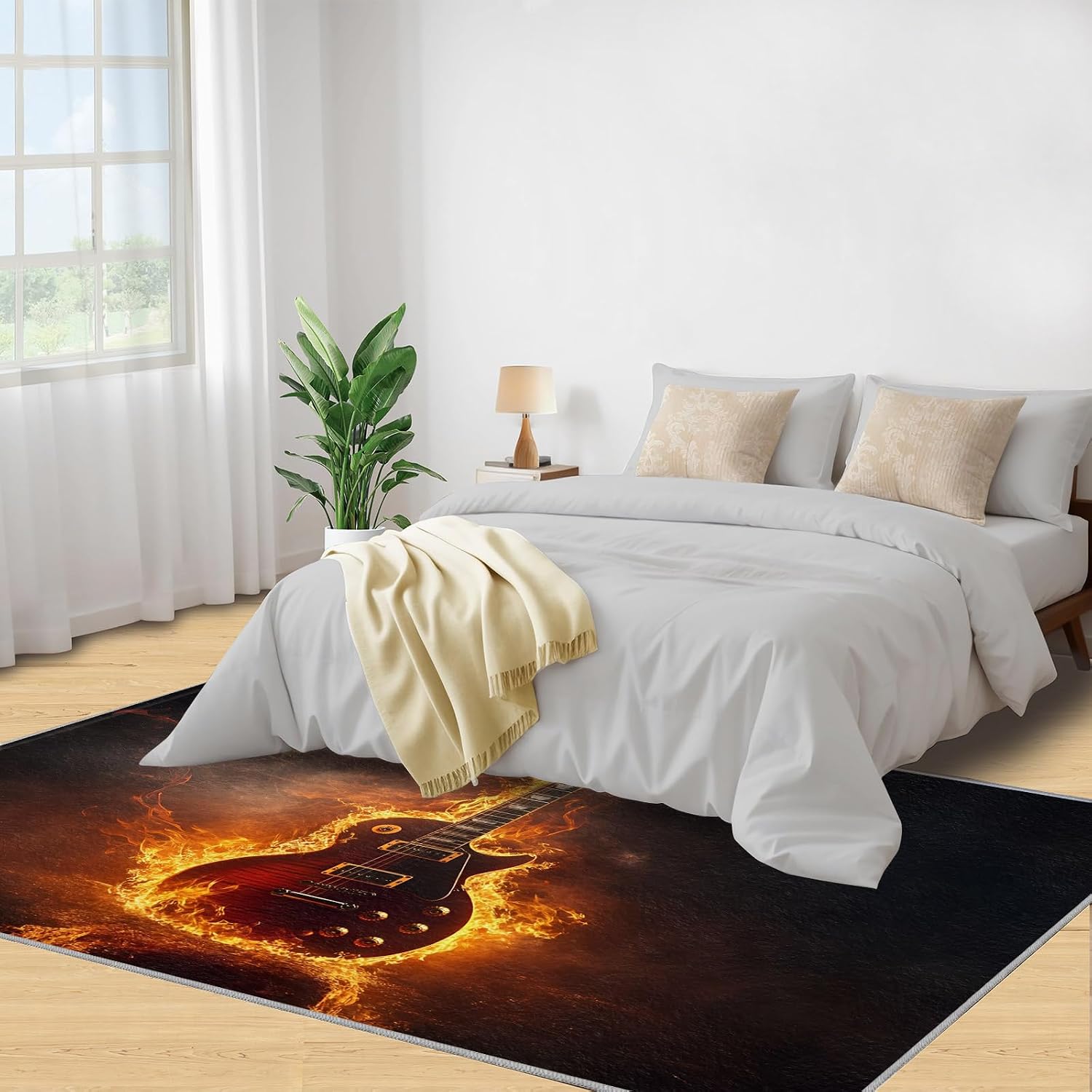 5x8 Electric Guitar Kids Rug - Flaming Guitar Dining Room Rug, Rock Art Area Rugs Indoor Modern Rugs for Bedroom Hardwood Floors Teen Room