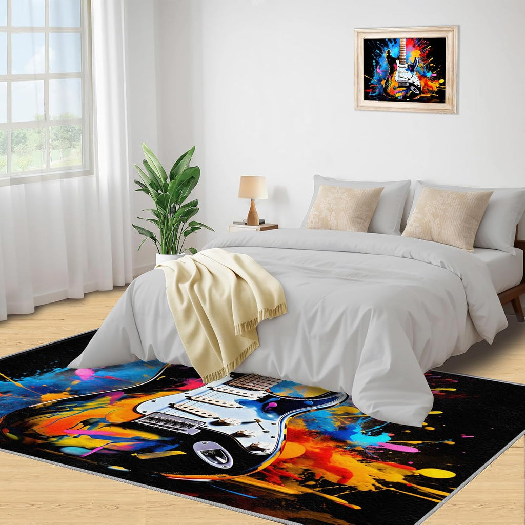 Music Guitar Rug for Bedroom - Music Area Rug - Guitar Lover Rugs for Living Room, Non-Slip Low Pile Carpet for Classroom Recording Studio Band 6x8ft