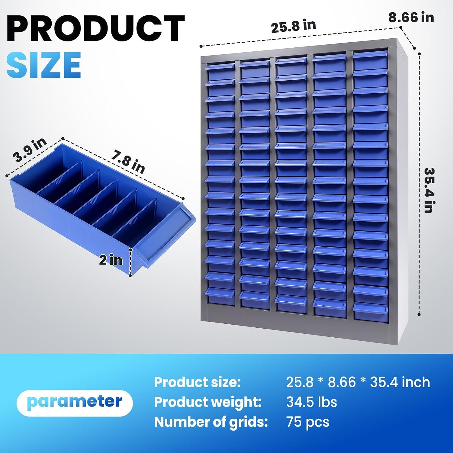 75 Drawer Parts Cabinet, ABS Material Nut and Bolt Organizer, Bolt Bins Organizer for Shop with Shelf and Label, Bolt Bins for Storing Sample, Metals and Electronic Element, Blue