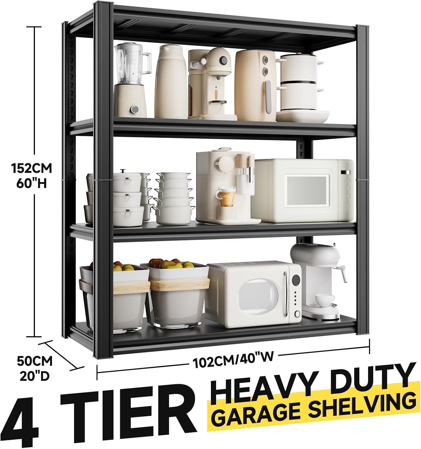 4-Tier 40' W x 20' D x 60' H Garage Shelving Garage Storage Shelves 2200LBS Metal Industrial Shelf Adjustable Heavy Duty Shelving Storage Rack Shelving Unit (Black)
