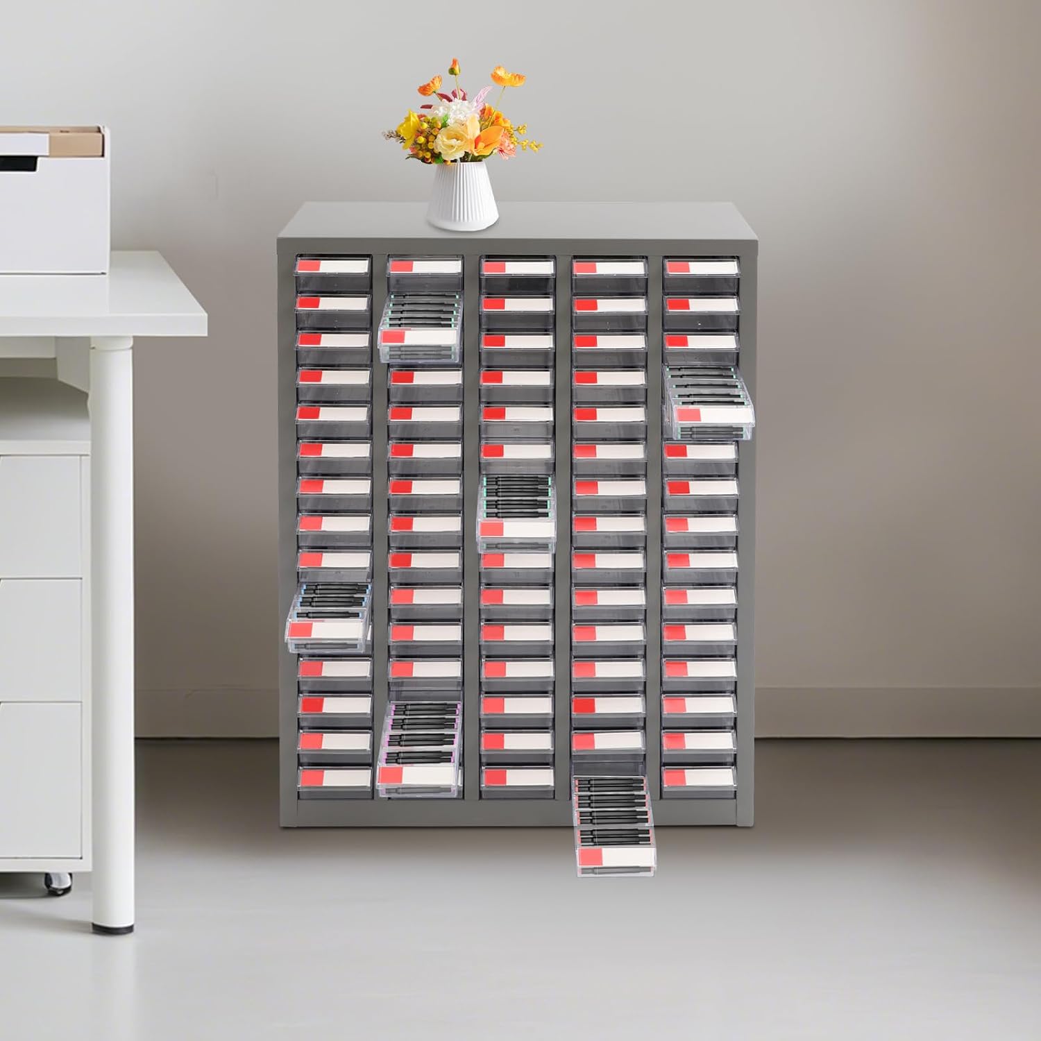 75 Drawers Parts Cabinet Bolt and Nut Tool Storage Cabinet Part Organization Shelves with Practical Tags & Dust Sheets for Tool Hardware Storage, 25.6' W x 8.7' D x 34' H