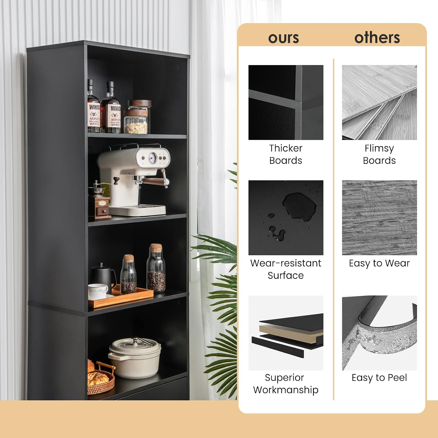 LOKO 74 Inches Tall Bookcase, 6-Tier Modern Tall Storage Cabinet with 2 Drawers & 4 Open Shelves, Freestanding Wooden Bookshelf with Anti-toppling Devices for Living Room, Study, Home Office (Black)