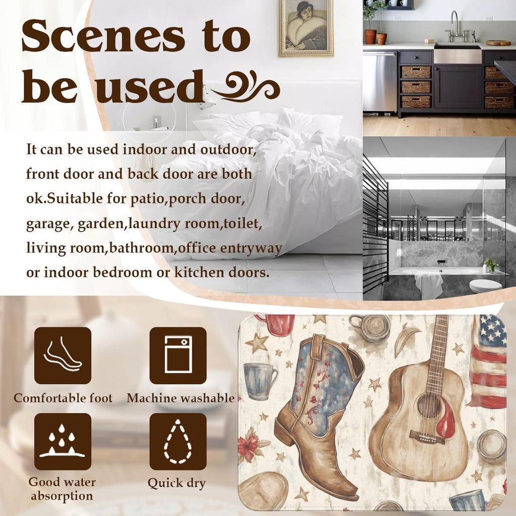Music Guitar Area Rug 5 ft x 8 ft Exotic Tribal Cowboy Boots Decorative Rug for Kids Teens Adults Musical Notes for Living Room Bedroom Southwest Style Decorative