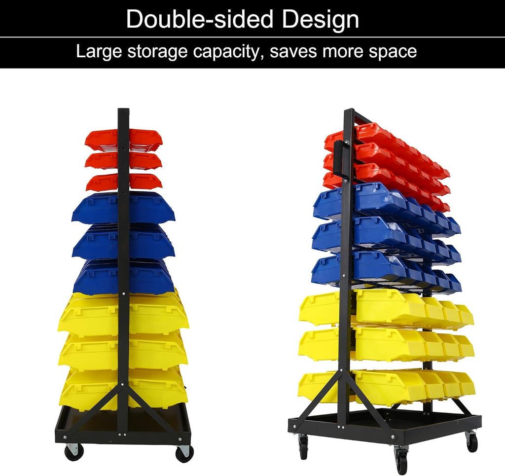 9-Tier Rolling Bin Stroage Rack with 90 Bins, Dual-Sided Parts Organizer with Wheels and Top Tray, Heavy Duty Tool Storage Rack for Workshop, Garage, Utility Use