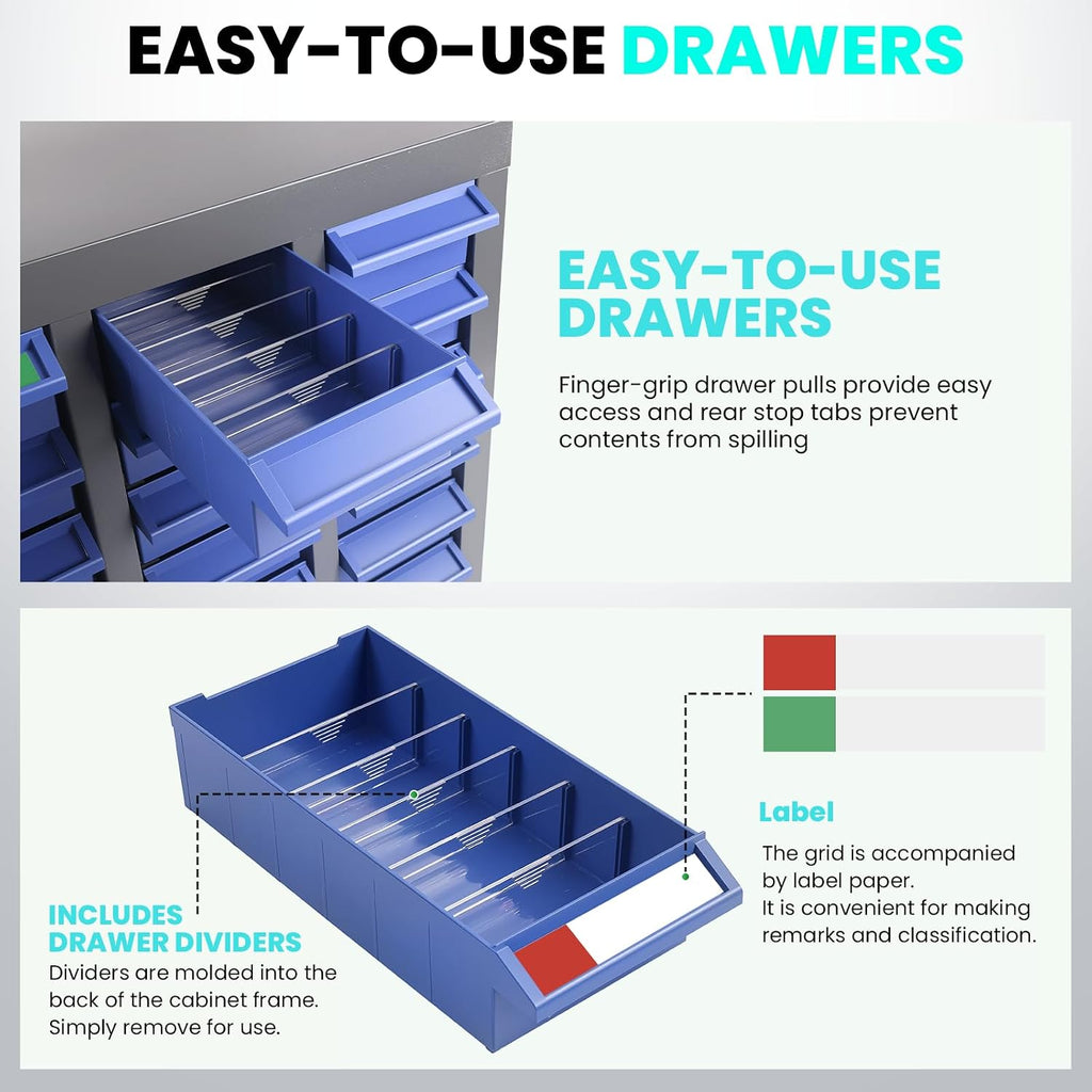Alloy Steel Nuts and Bolts Organizers and Storage , 8.66'D x 25.8'W x 35.4'H, ABS Material Drawer Parts Cabinet with Labels and Dividers, Small Parts Organizer for Workshop, Office，Home (75 Drawers)