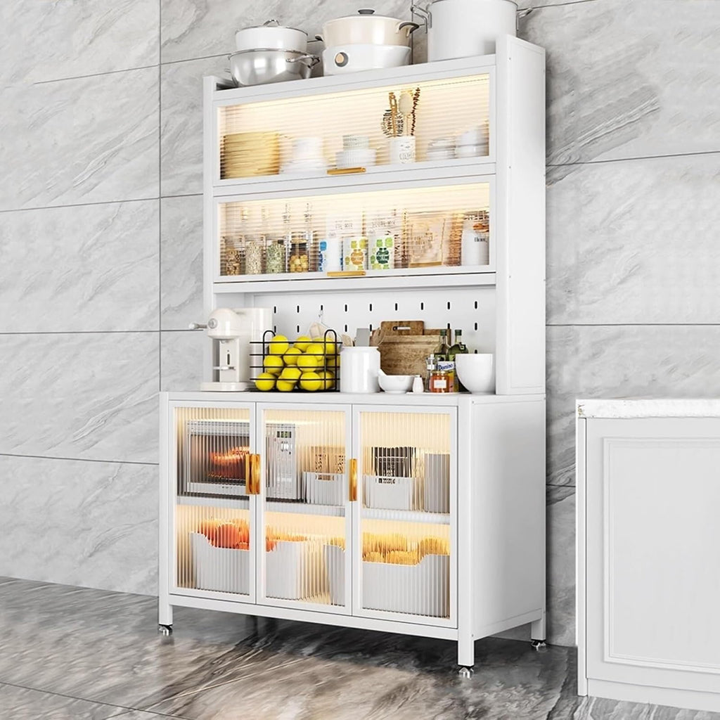 6-Tier Kitchen Bakers Rack with Storage Cabinet, Flip Door, White Microwave Stand with Hooks, Coffee Bar Organizer, 100cm, Carbon Steel Frame(61CM)