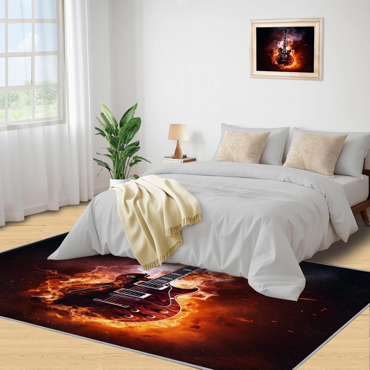 Burning Guitar Music Instrument Area Rug 5x6ft Musical Note Flame Guitar Living Room Rugs, Indoor Non-Slip Kids Rugs, Machine Washable Breathable Durable Carpet for Front Entrance Floor Decor