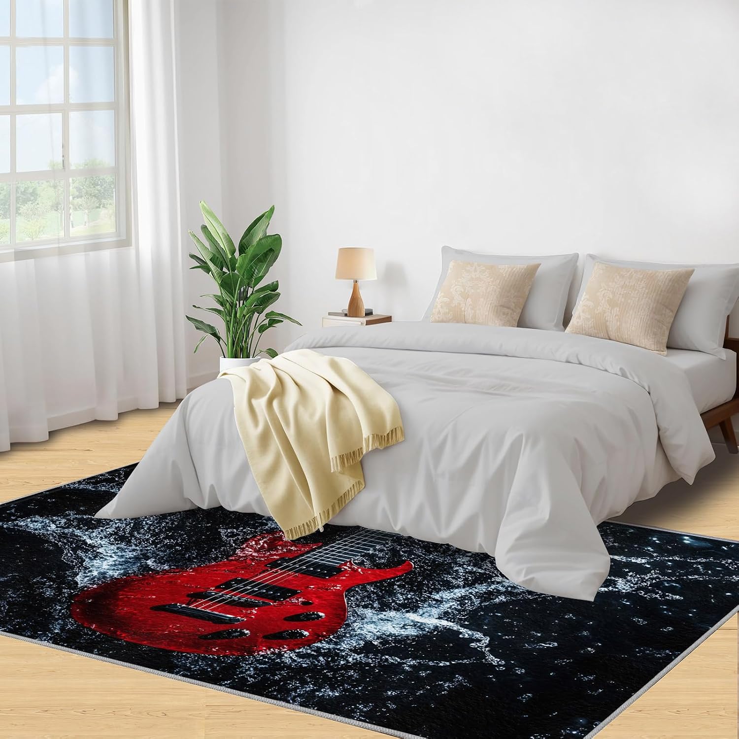 Guitar Rug 5x6, Guitar Rugs for Bedroom, Music Rugs for Living Room, Washable Area Rug for Boys Girls Room, Non Slip & Low Pile Carpet