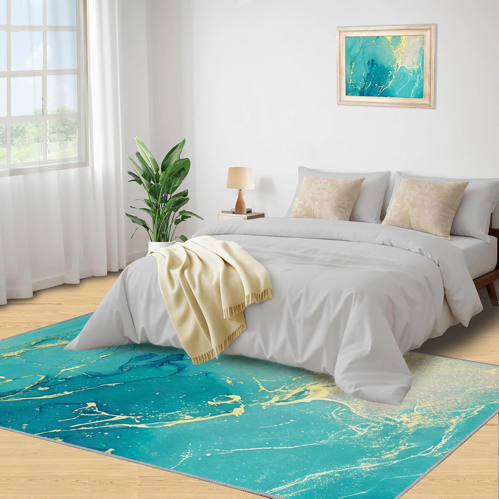 Light Green Gold Marble Area Rug, Modern Abstract Rugs for Living Room, Easy Clean Carpet Washable Indoor Non-Slip Rug for Boys and Girls Nursery Bed Living Room Carpets Nursery Decor,6 x 8ft