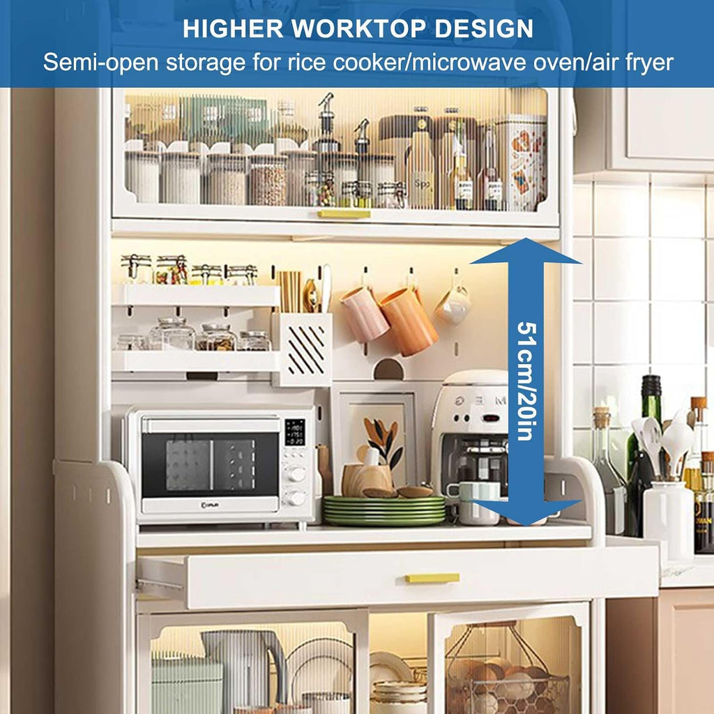 Adjustable 5 Tier Kitchen Bakers Rack with Drawer and Storage Cabinets Free Standing Microwave Stand Shelf Organizer in White 58x31.5in