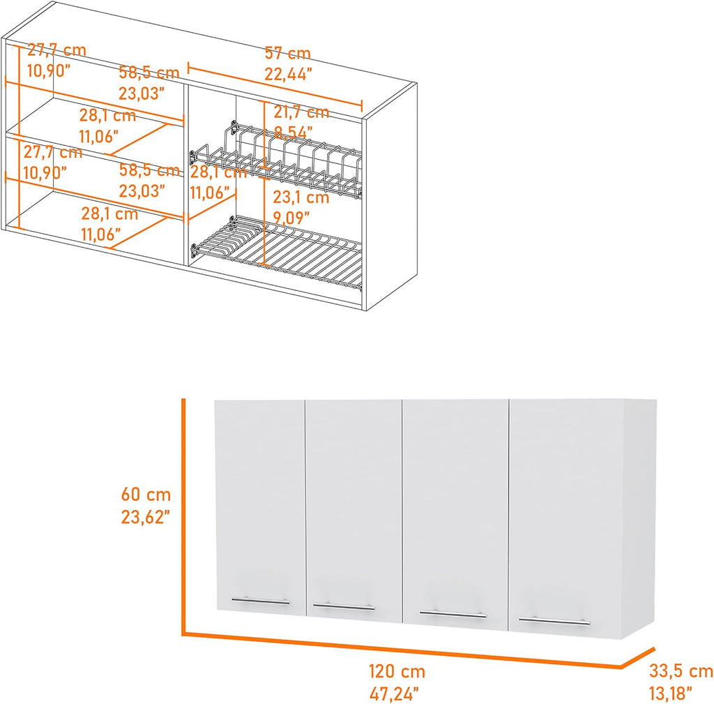 47' Wall Mounted Freestanding Storage Cabinet, Kitchen Storage Bakers Rack with Swing Doors, Utility Food Cupboard with Classic Design for Kitchen Organization, White