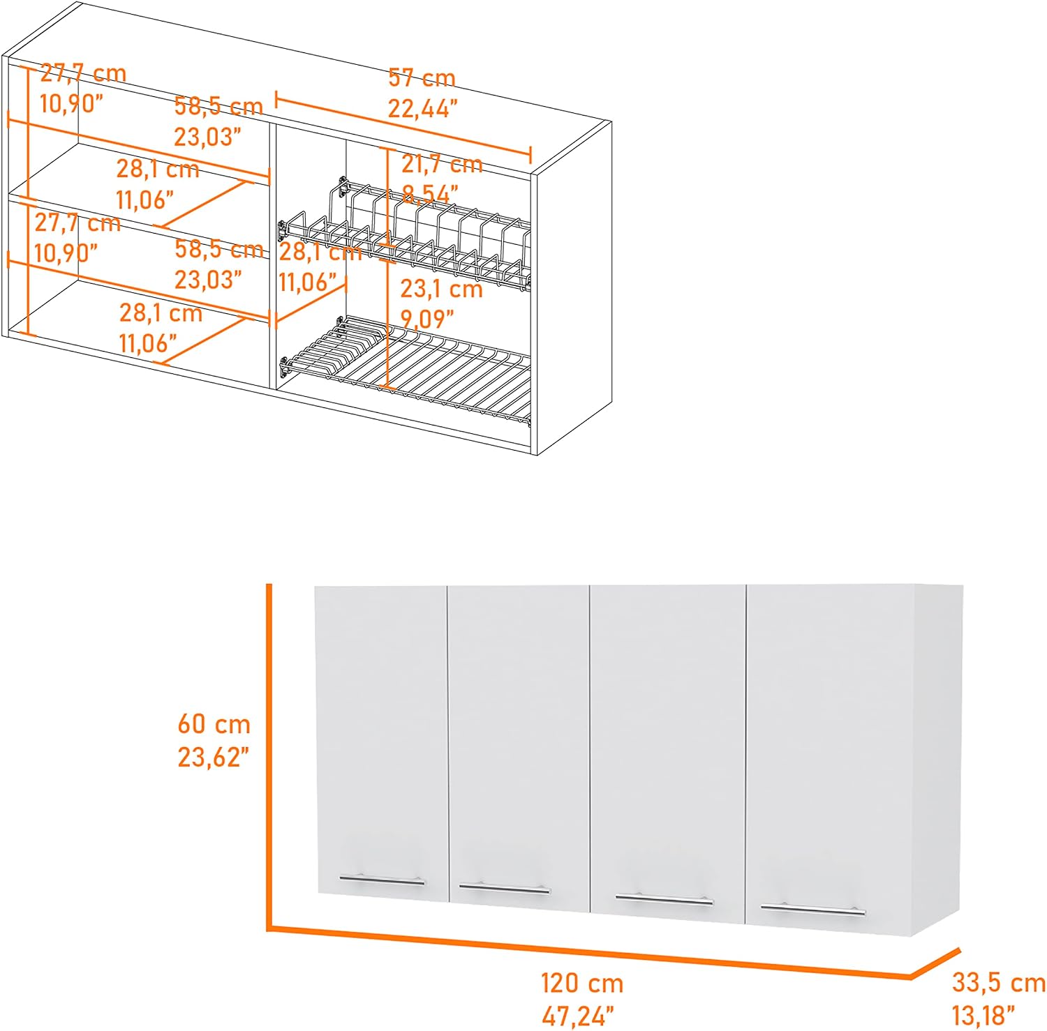 47' Wall Mounted Freestanding Storage Cabinet, Kitchen Storage Bakers Rack with Swing Doors, Utility Food Cupboard with Classic Design for Kitchen Organization, White