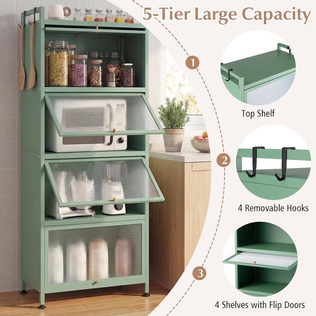 LDAILY 5-Tier Kitchen Storage Cabinet, Mobile Microwave Stand with Metal Frame, Double Anti-toppling Device, 4 Rolling Casters, Freestanding Bakers Rack for Kitchen, Dining Room, Living Room (Green)