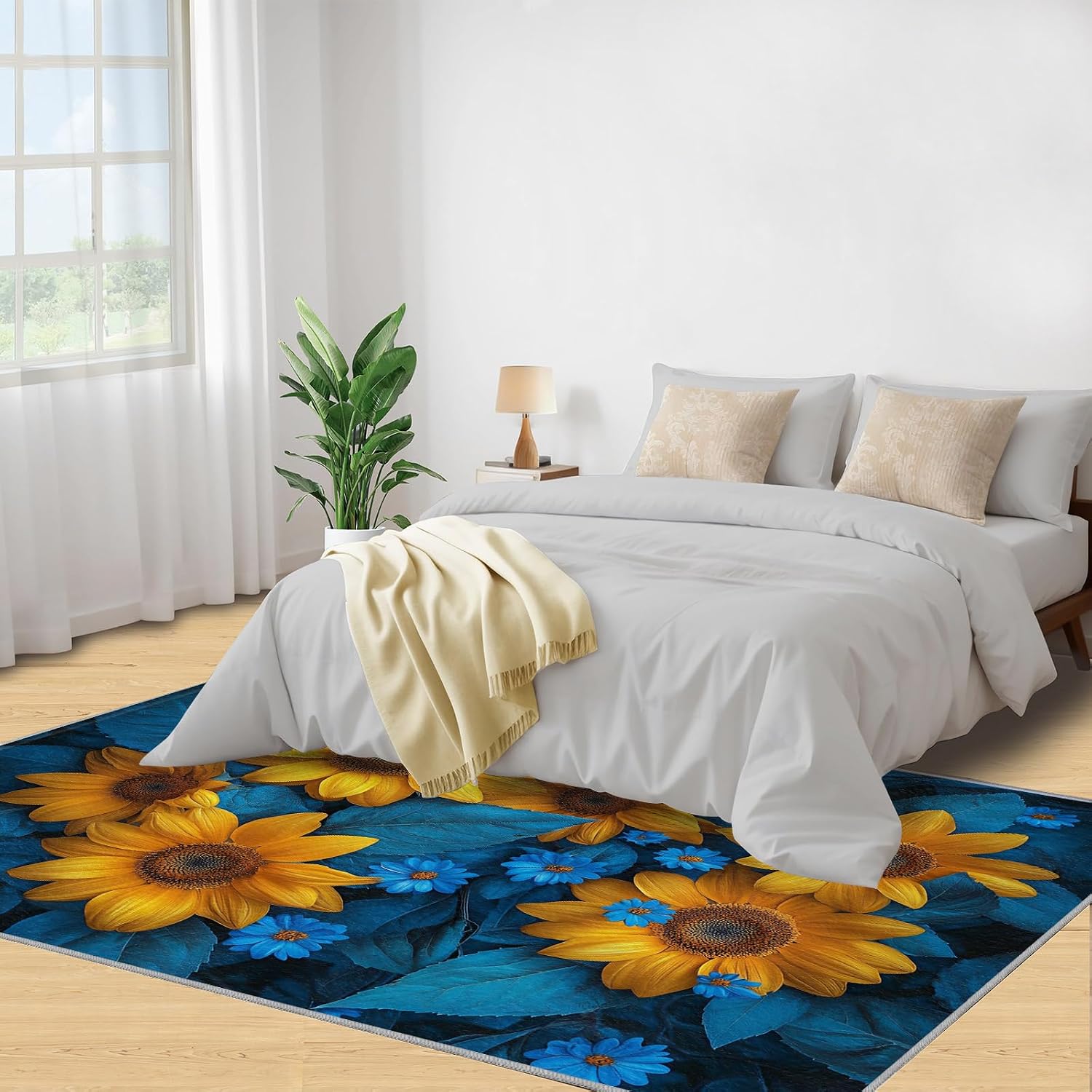 Sunflower Rug 6x8-6x8 Rug, Flower Area Rugs for Bedroom, Blue Daisy Rugs for Living Room, Modern Washable Mat, Floral Carpet, Sunflower Home Decor & Gifts