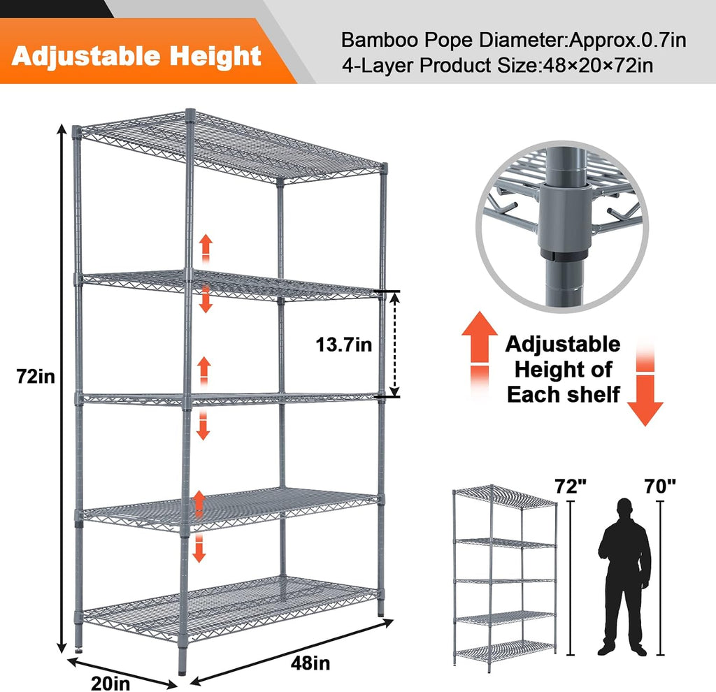 Land Guard 5 Tier Storage Racks and Shelving - 48' L x 20' W x 72' H Heavy Steel Material Pantry Shelves - Each Unit Loads 350 Pounds Wire Shelf, Suitable for Warehouses, Closets, Kitchens…