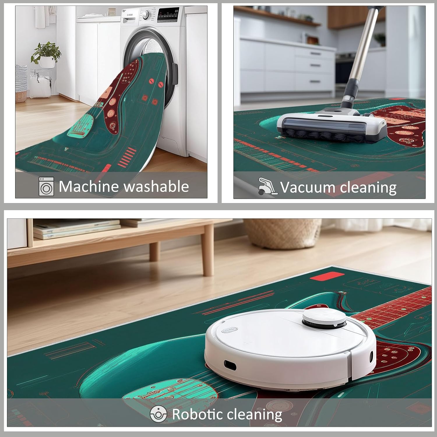 5 x 8 ft Electric Guitar Graphic Anti-Slip Rug, Retro Soft Print Carpet Floormat for Bedroom Rugs Dark Green Carpet Printed Throw Rugs for Bedroom Indoor Living Room Office