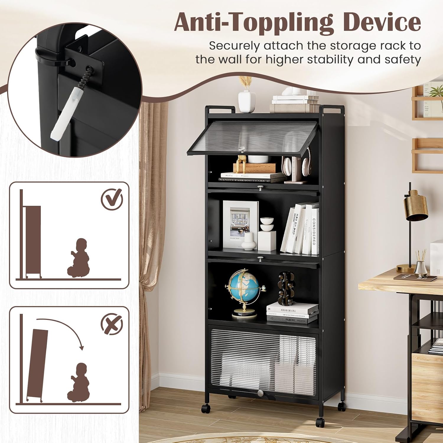 LDAILY 5-Tier Kitchen Storage Cabinet, Mobile Microwave Stand with Metal Frame, Double Anti-toppling Device, 4 Rolling Casters, Freestanding Bakers Rack for Kitchen, Dining Room, Living Room (Black)