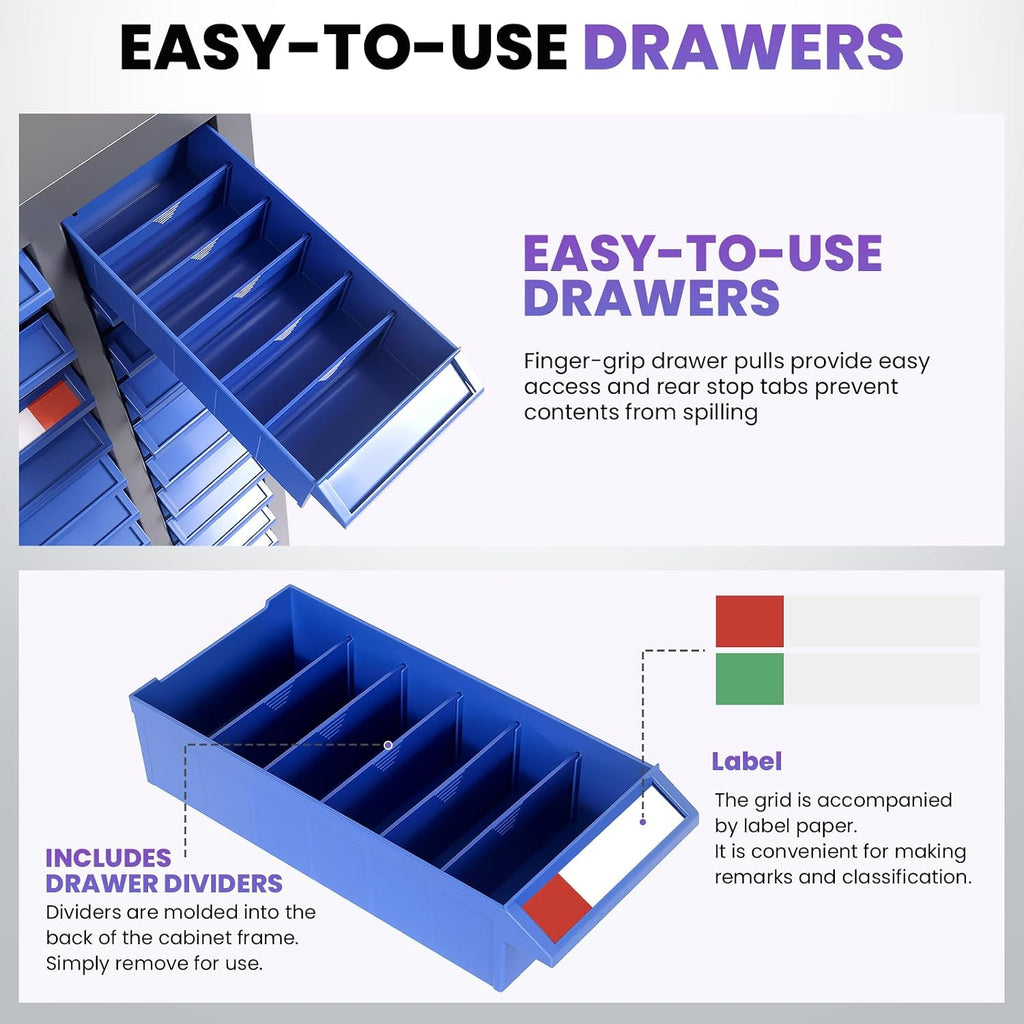 75 Drawers Nut and Bolt Organizer, 26' D x 9' W x 35' H Bolt and Nut Tool Storage Cabinet, Alloy Steel Parts Storage Cabinet with 5 Tier Shelves and Label Stickers for Workshop Garage Warehouse
