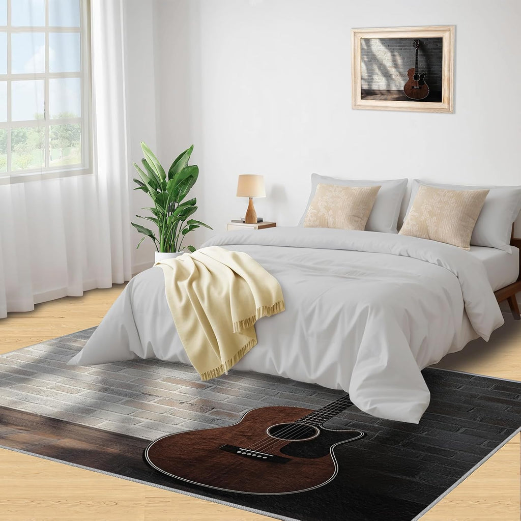 Guitar Rug for Bedroom 6x8 Rug Vintage Guitar Rugs, Music Instrument Home Decor, Non Slip Washable Large Rugs, Rock Music Carpet for Boys and Girls Teen Playroom