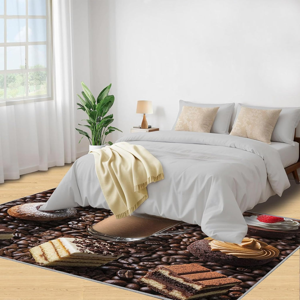 Coffee Rug 6x8, Cake Area Rug, Coffee Shop Rugs for Living Room, Washable Rugs for Bedroom, Non Slip Low Pile Floor Mats
