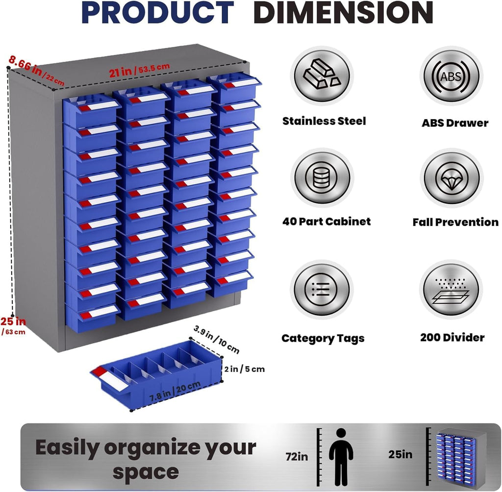 40 Drawers Bolt Bins Storage Cabinet with 200 Dividers & 80 Label Slots, Heavy-Duty Bolt and Nut Tool Storage Cabinet in Alloy Steel, Parts Cabinet with ABS Drawers for Workshop, Garage, Home