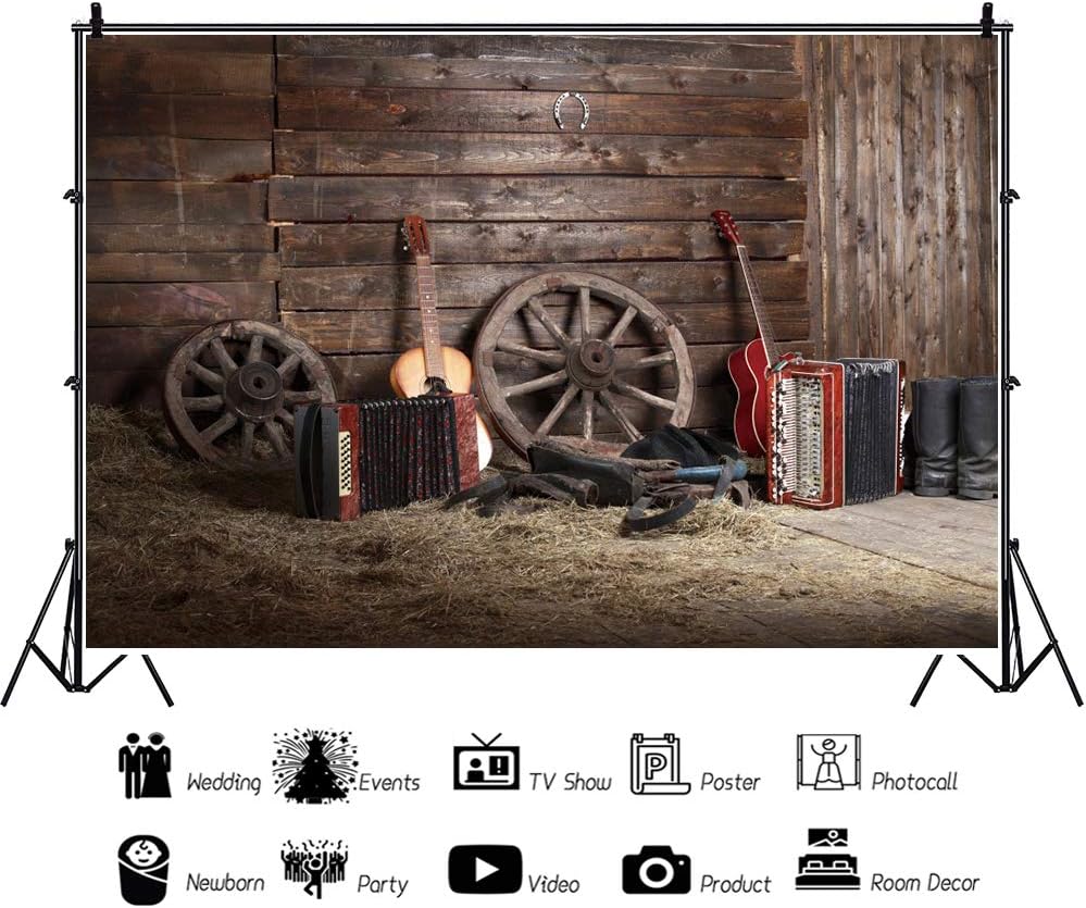 Leyiyi 20x10ft Rustic Music Barn Backdrop Vintage Guitar Rock Play Western Wooden Cottage Horseshoe Rural Farmhouse Haystack Photo Background Cowboy Kids Birthday Portrait Studio Prop Vinyl Banner