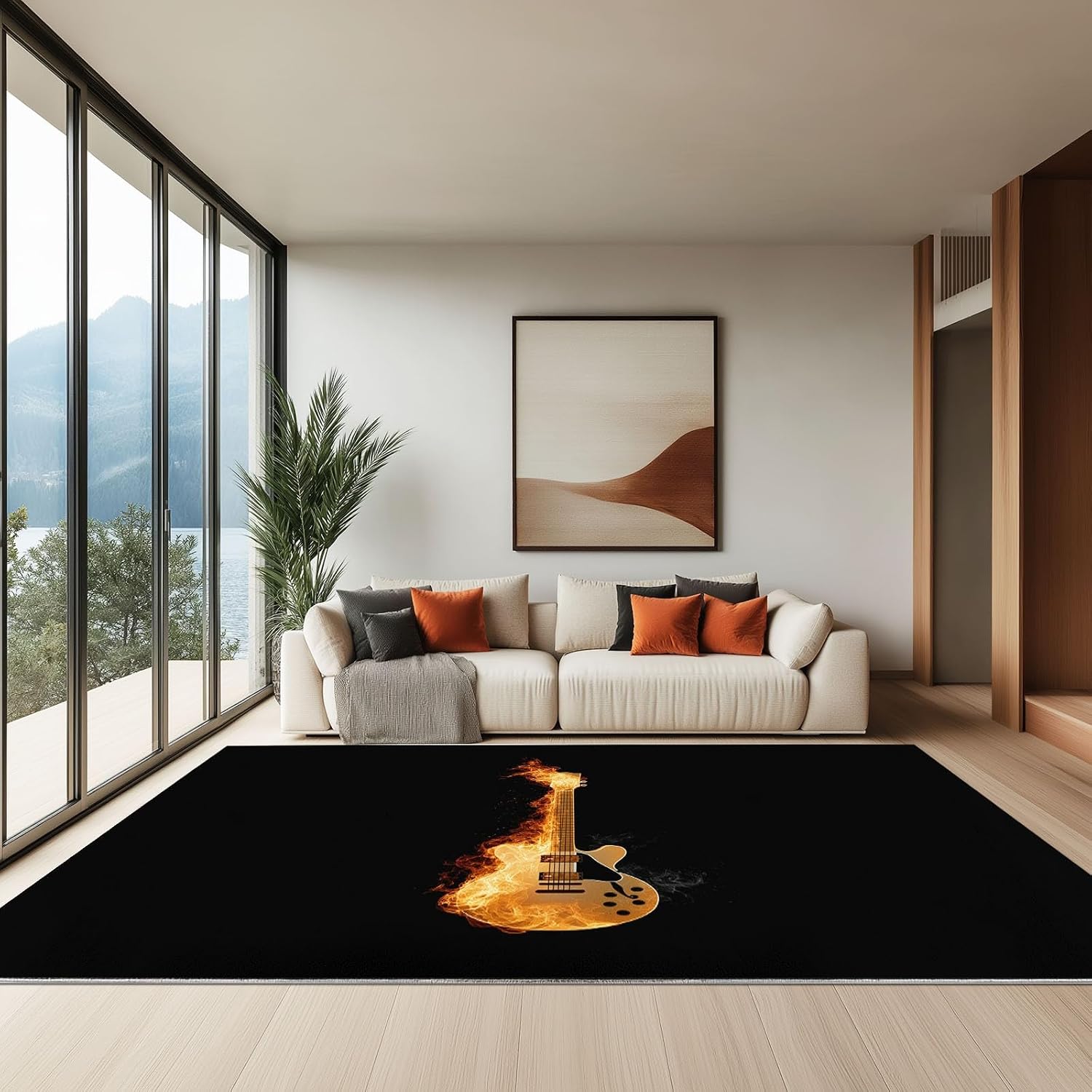 Modern Art Washable Living Room Rugs, 6' x 9' Area Rugs for Bedroom ‎‎‎‎Nursery Soft Non-Slip Stain Resistant Music Flaming Guitar Print Throw Carpet for Kids Playroom Office
