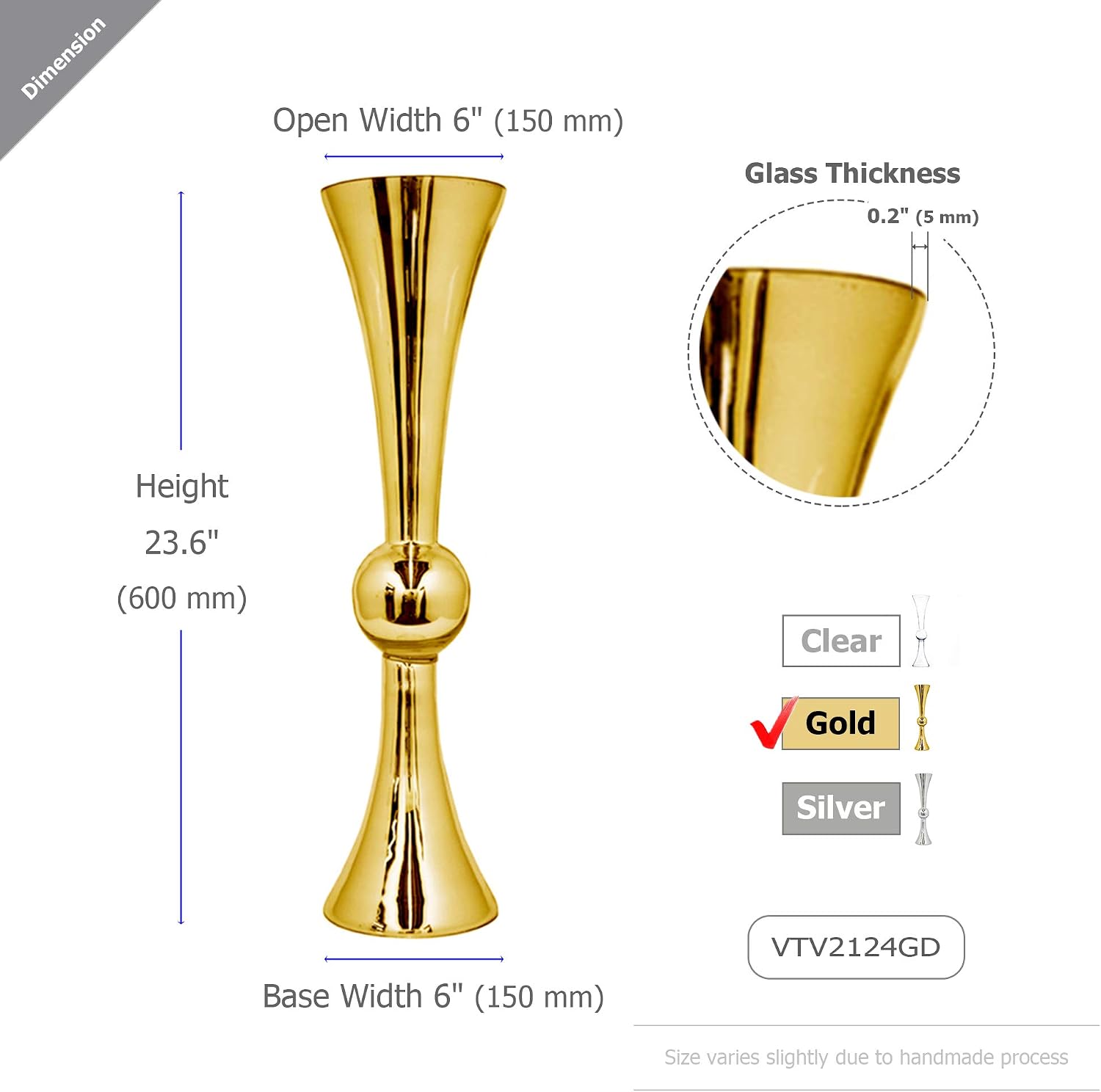WGV Tall Trumpet Vase Bulk, Open 6', Height 24', Base 6', (Multiple Size/Color Choices) Gold Reversible Latour Floral Wedding Centerpiece Home Event Decor, 4 Pieces (VTV2124GD)