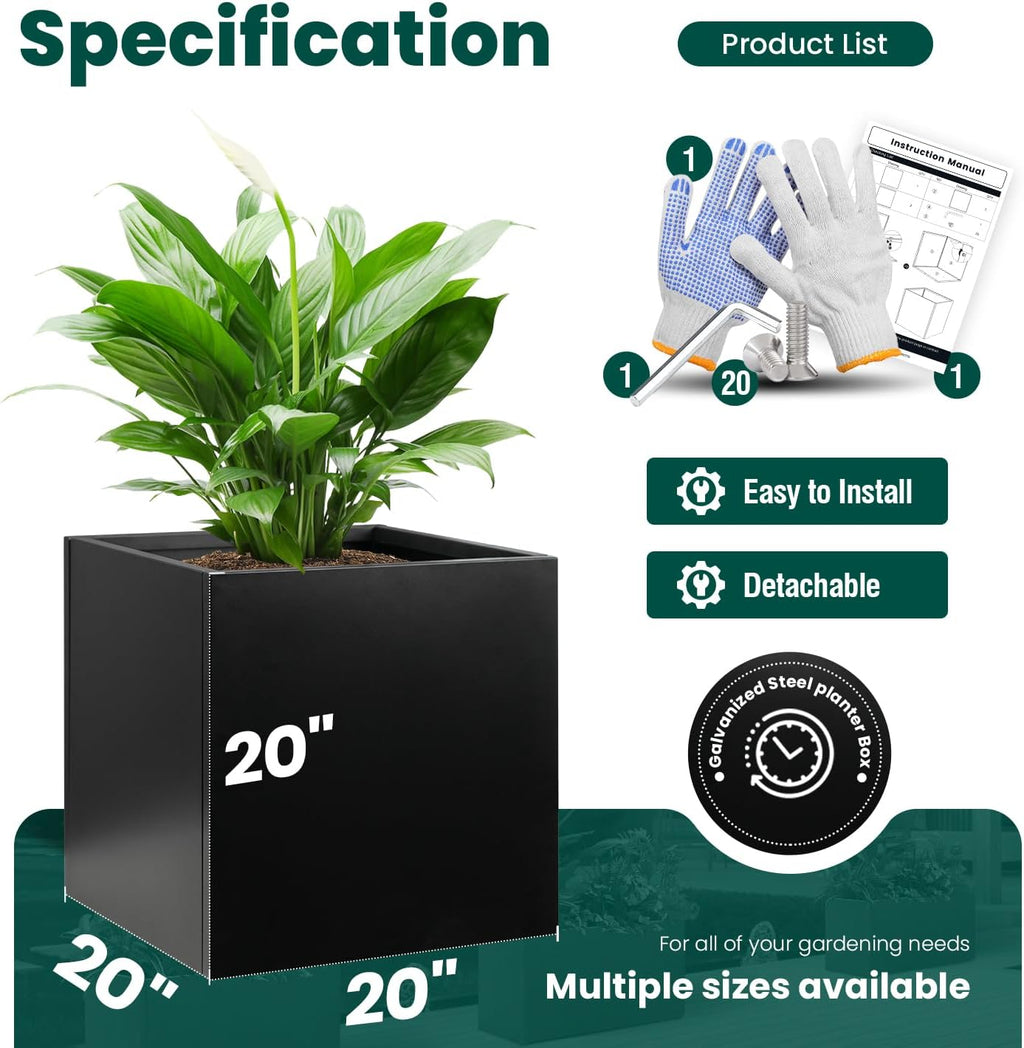 Galvanized Steel Planter Box Black Metal Planter 20Inch Large Square Indoor Outdoor Planters Cube Steel Heavy Duty Planter Powder Coating Modern Commercial Residential for Patio, Plants, Yard, Garden