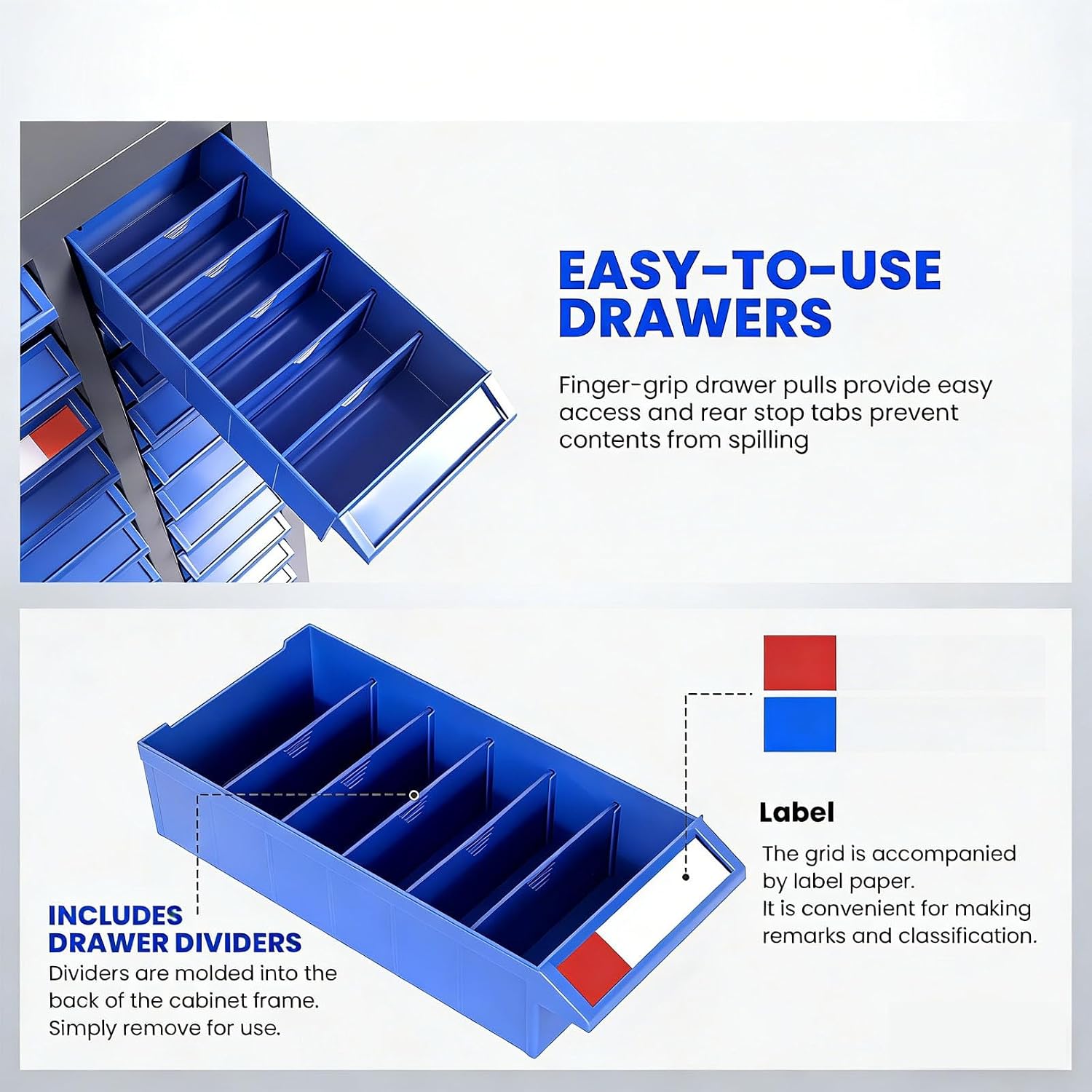 Freestanding 75 Drawer Small Parts Organizer, Blue ABS Drawer Cabinet with Label Panel and Shelf, Hardware Storage System for Workshops, Repair Stations
