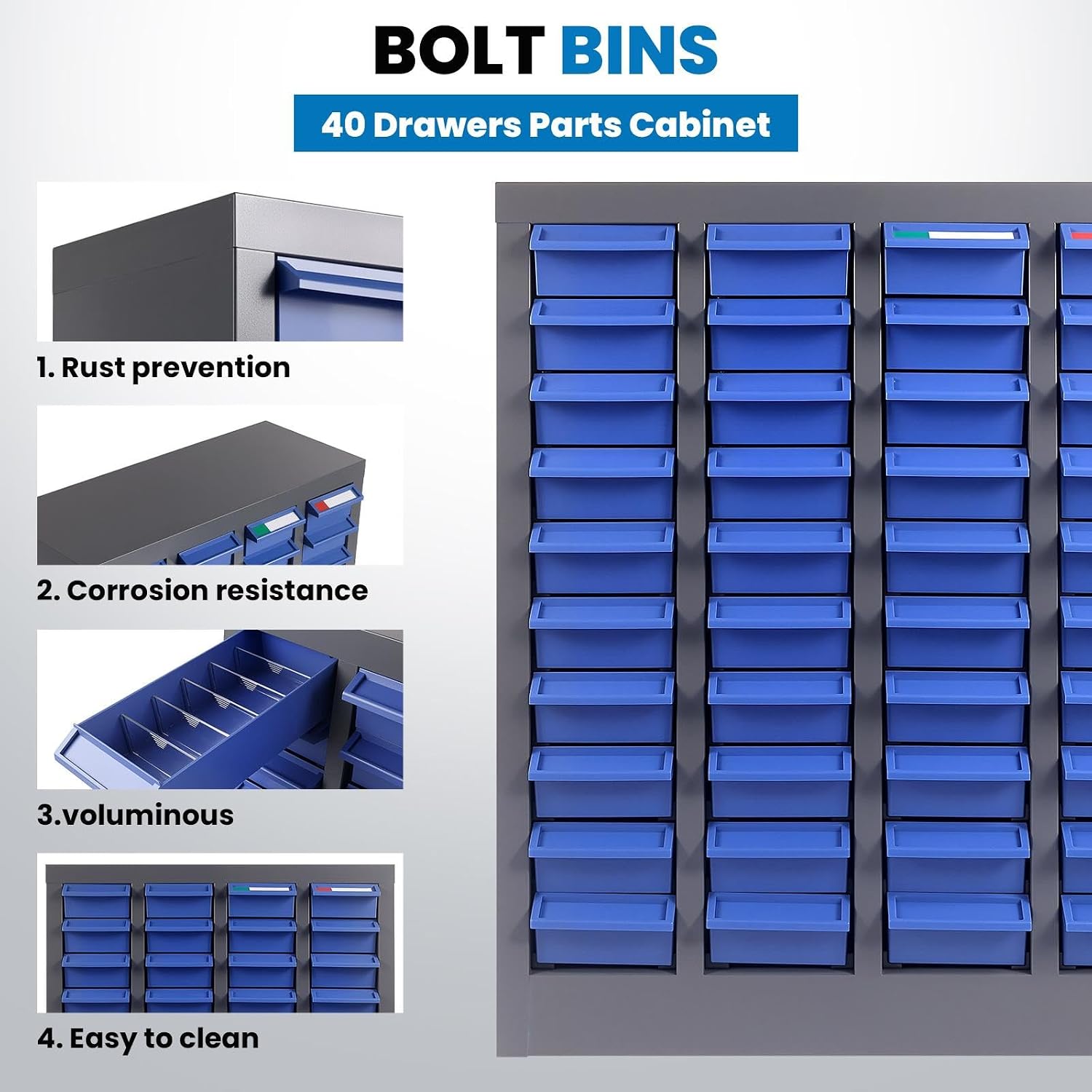 40-Drawer Grey Parts Cabinet, ABS Material Nuts Bolts Screw Nail Bins Tool Storage Cabinet Screw Drawer Organizer, Heavy-Duty Industrial Parts Cabinet for Workshop, Office, Hardware
