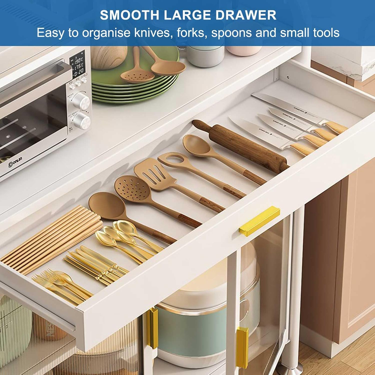 Adjustable 5 Tier Kitchen Bakers Rack with Drawer and Storage Cabinets Free Standing Microwave Stand Shelf Organizer in White 58x31.5in