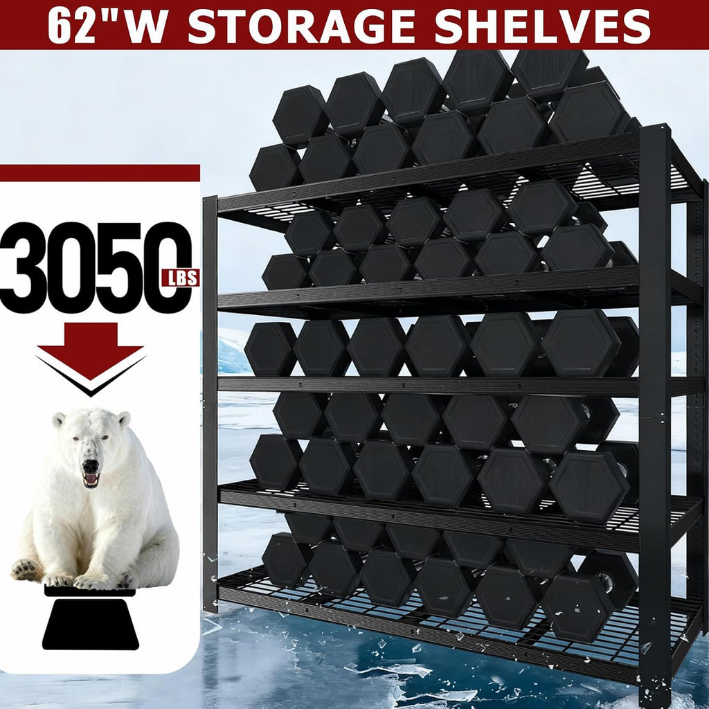 62' W 3050LBS Storage Shelves Unit,5 Tier Heavy Duty Metal Shelving Unit and Storage Large Rack,72' H x62 W x24 D Adjustable Metal Shelving Unit,Garage Shelves for Basement,Warehouse