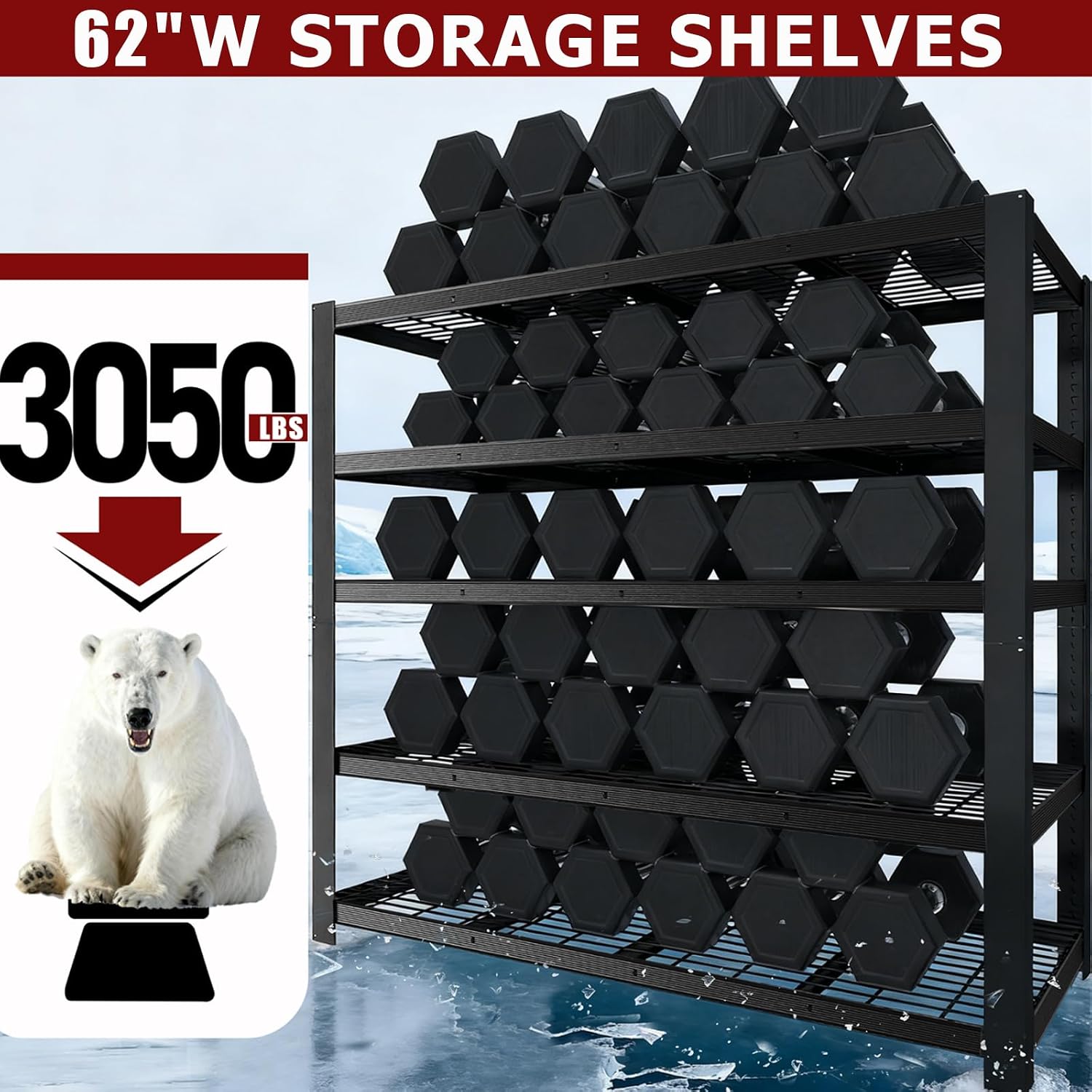 62' W 3050LBS Storage Shelves Unit,5 Tier Heavy Duty Metal Shelving Unit and Storage Large Rack,72' H x62 W x24 D Adjustable Metal Shelving Unit,Garage Shelves for Basement,Warehouse