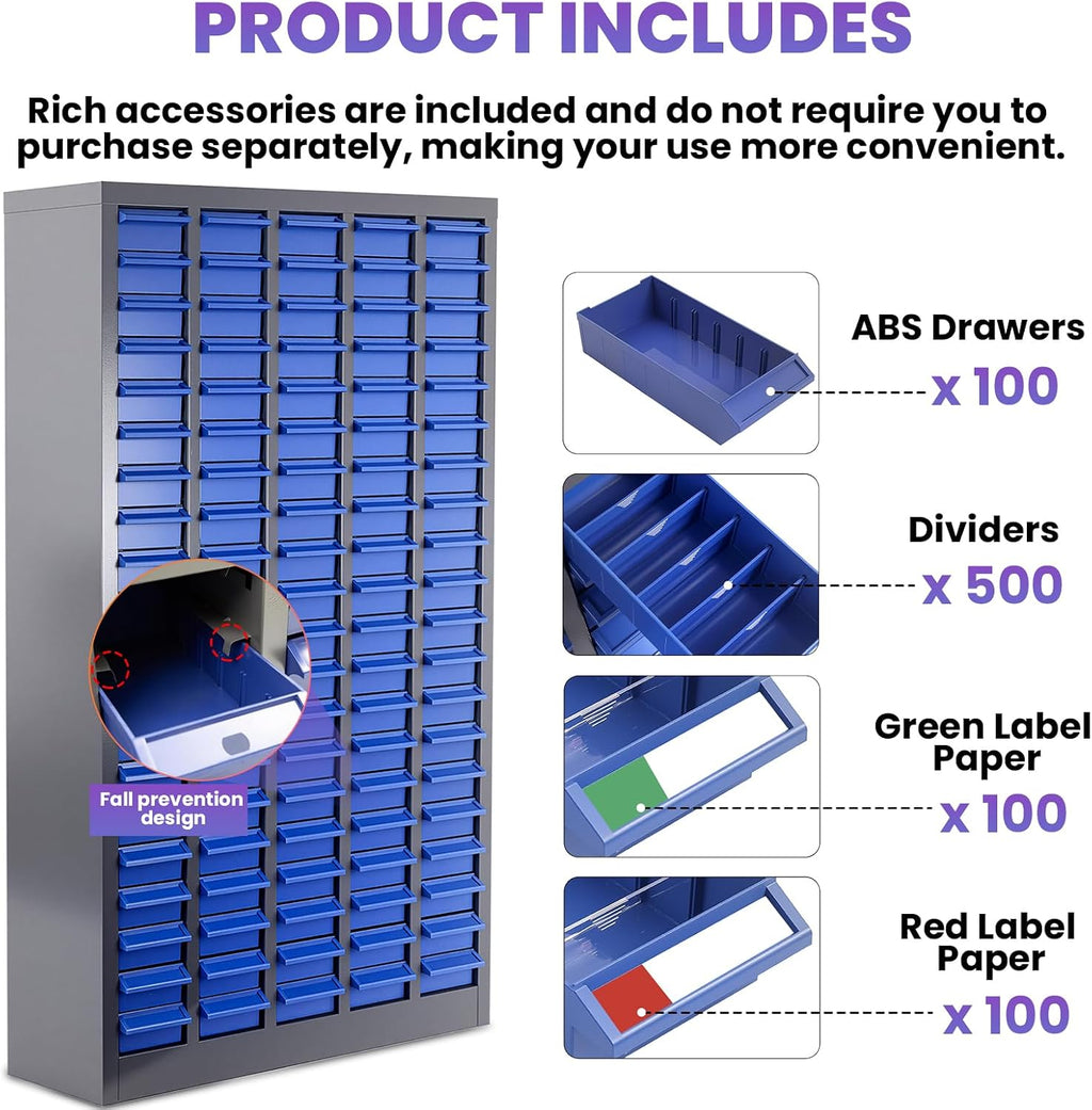 Heavy-Duty 100 Drawer Parts Cabinet, All-in-One Organizer with Acrylic Adjustable Shelves for Nuts, Bolts, Tools - The Ultimate Garage Workshop Storage Solution