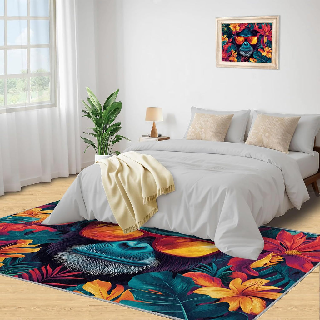 6x8 Chimp Area Rug - Chimpanzee Large Rugs for Living Room, Tropical Foliage Gorilla Carpet Area Rug for Girls Bedroom Kids Room Basement Office Classroom