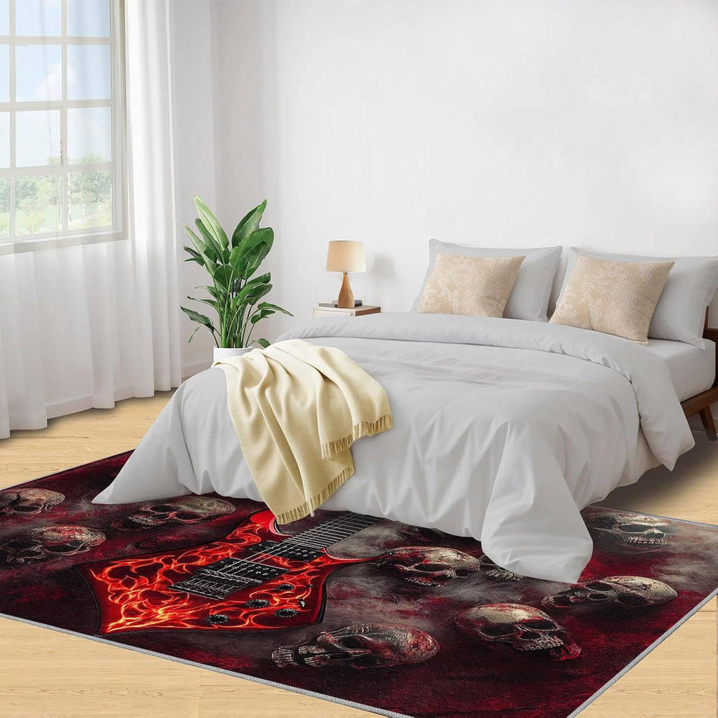 Guitar Rugs for Living Room 6x8ft, Gothic Guitar Rugs, Red Rug, Decor Carpet for Bedroom Dining Room Non Slip Area Rug