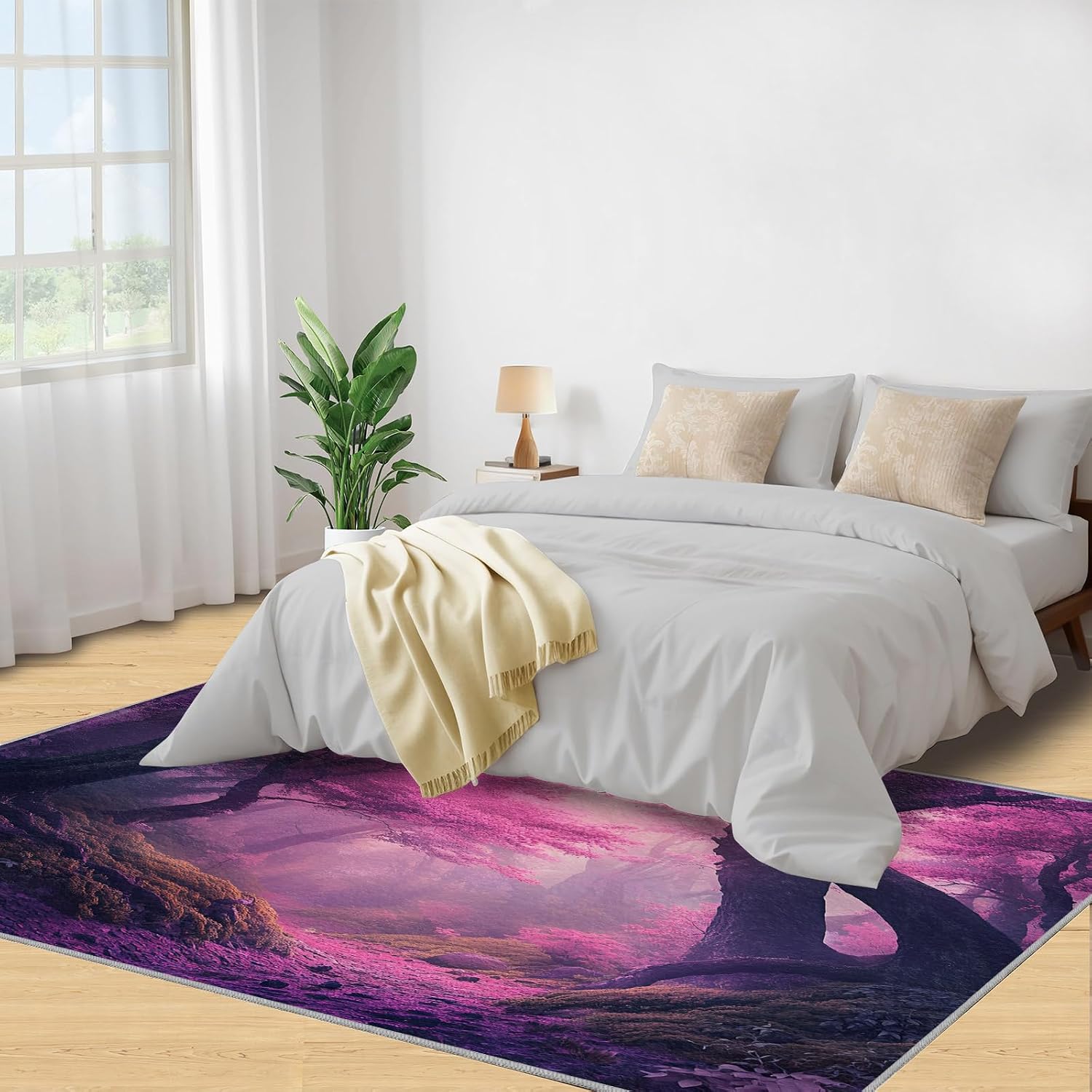 Pink Forest Rug 6x8-6x8 Rug, Woodland Area Rugs for Living Room Bedroom, Landscape Area Carpet, Natural Scenery Washable Carpet, Forest Home Decor & Gifts