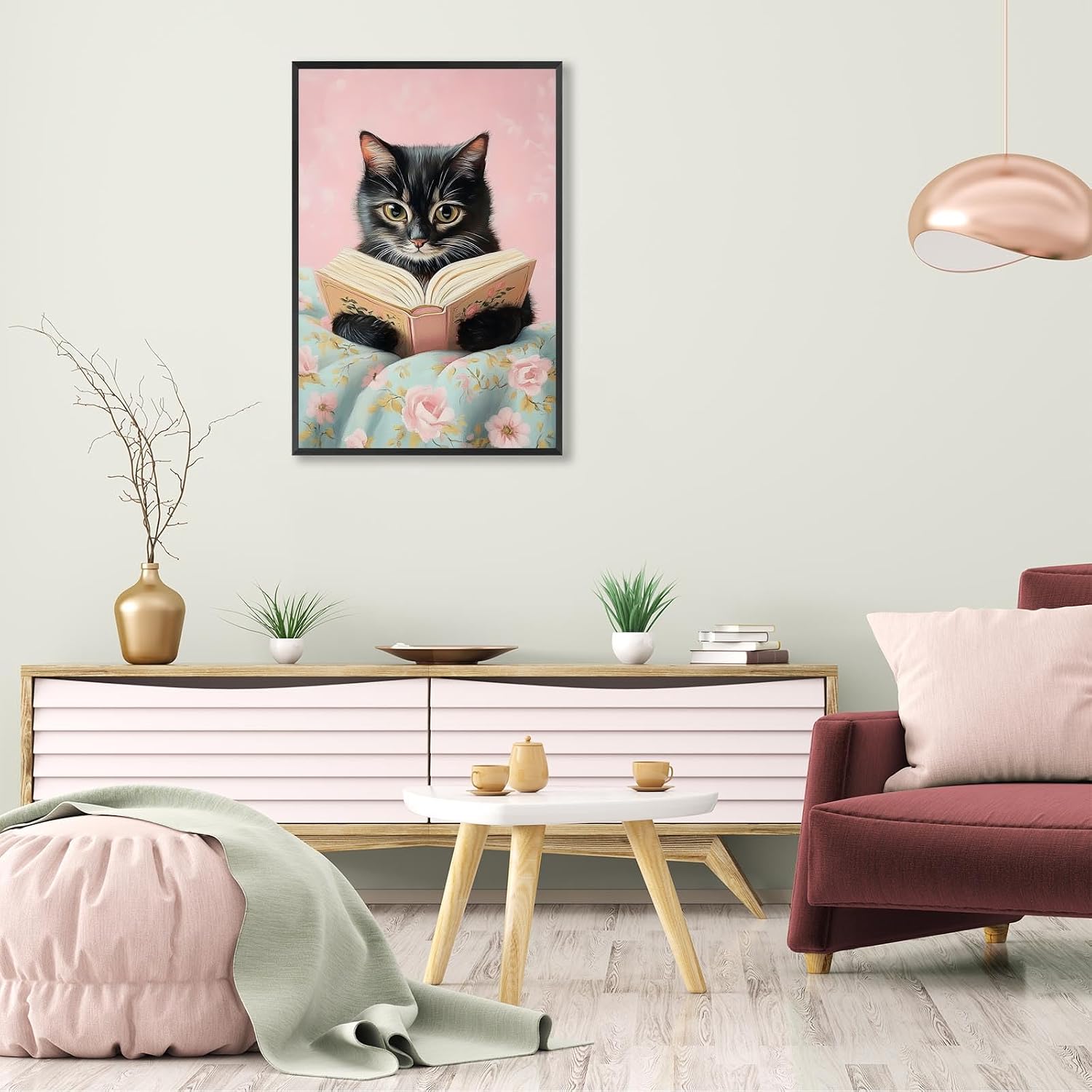 Vintage Cute Cat Canvas Wall Art Funny Cat Covered With Quilt Reading A Book Poster Trendy Cat Lovers Animal Aesthetic Prints Painting For Girls Room Bedroom Dorm Wall Decor 24x36in Framed
