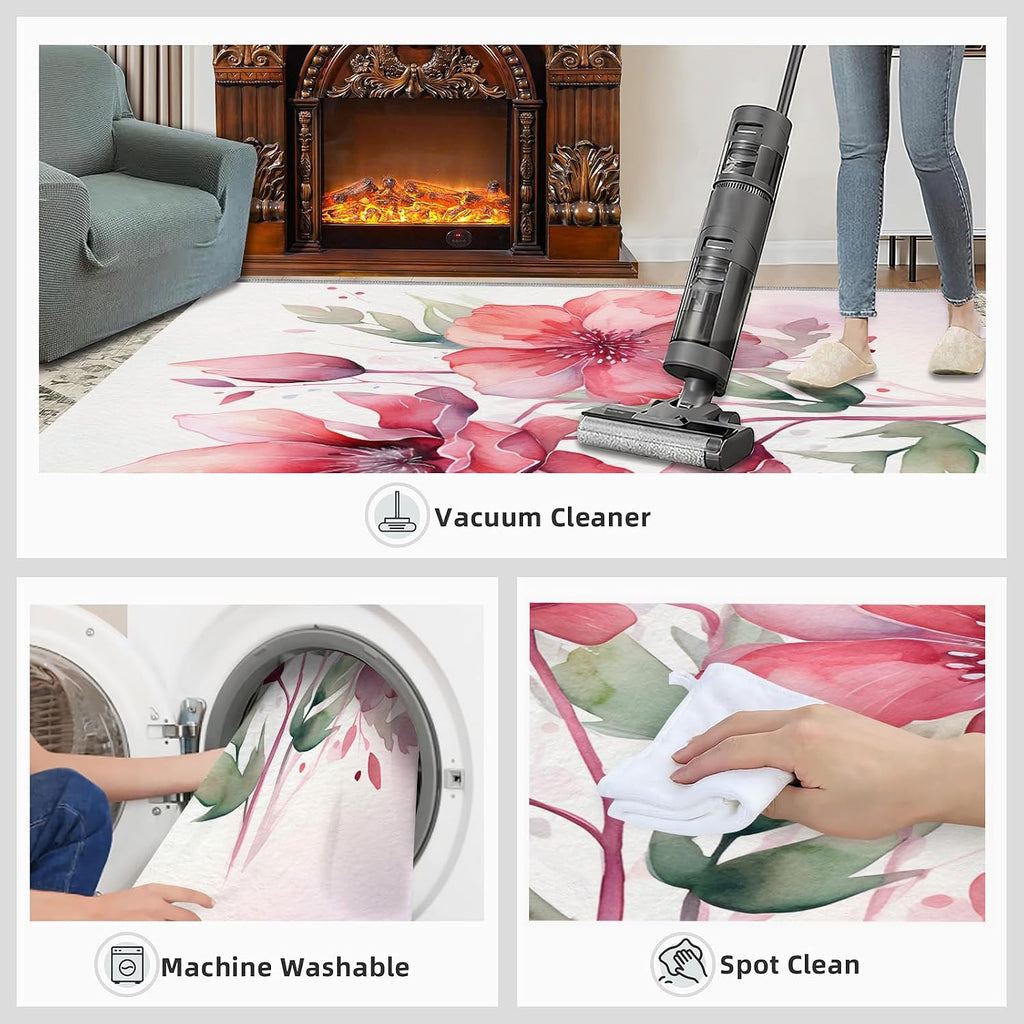 Area Rug 6x8ft, Red Flowers Rugs for Living Room, Simple Plants White Bedroom Rug, Machine Washable Breathable Durable Indoor Carpet for Bedside Porch Entryway Office