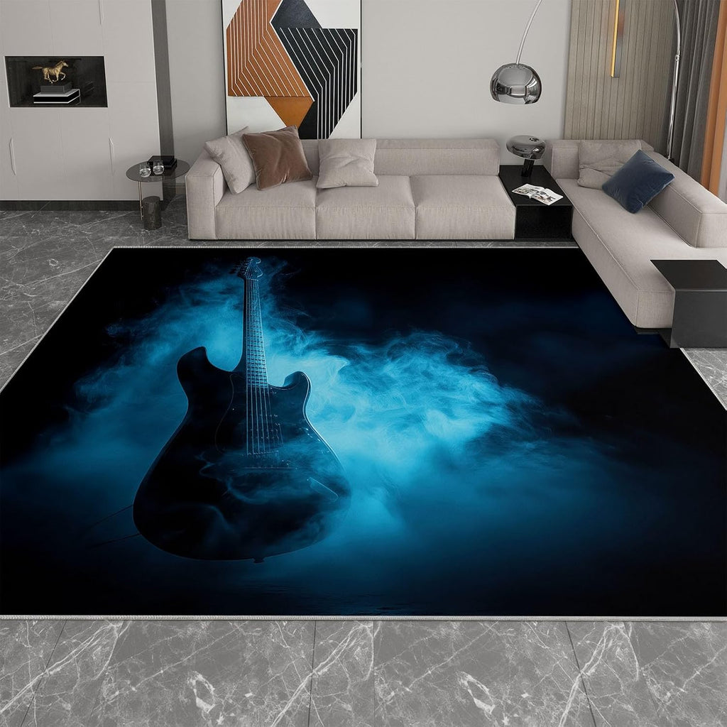 Abstract Art Living Room Carpet 5 x 7 ft Area Rug, Washable Non-Slip Indoor Carpet for Bedroom - Misty Music Guitar Stripes Print Kids Rug for Nursery Playroom Classroom Dorm Office Dining Room