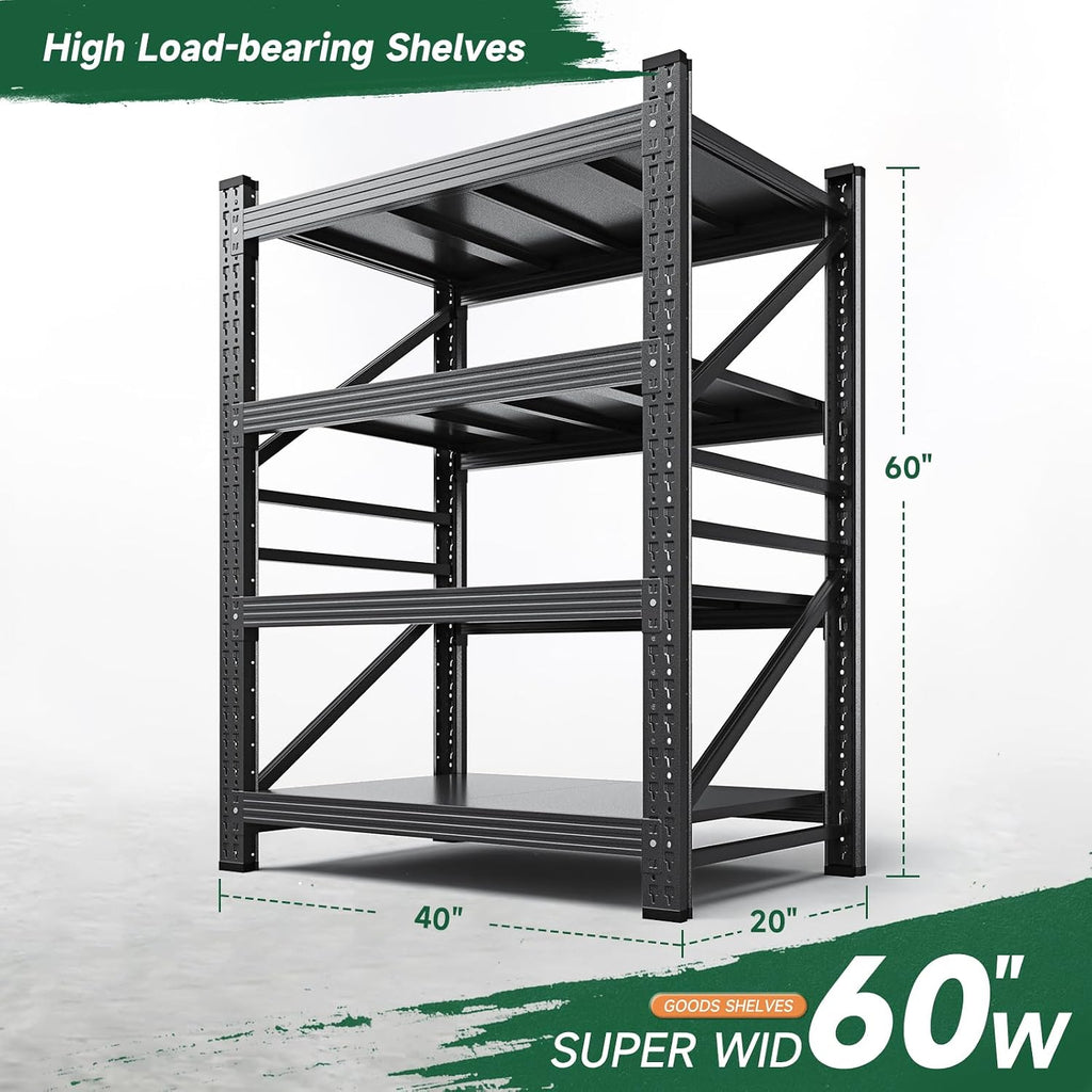 Letaya 2000LBS Storage Shelves Heavy Duty,60' H Garage Shelving Units, 4 Tier Adjustable Utility Rack Shelf,Large Metal Industrial Shelves,for Shop,Warehouse,Basement,Black (40' W x 20' D x 60' H)